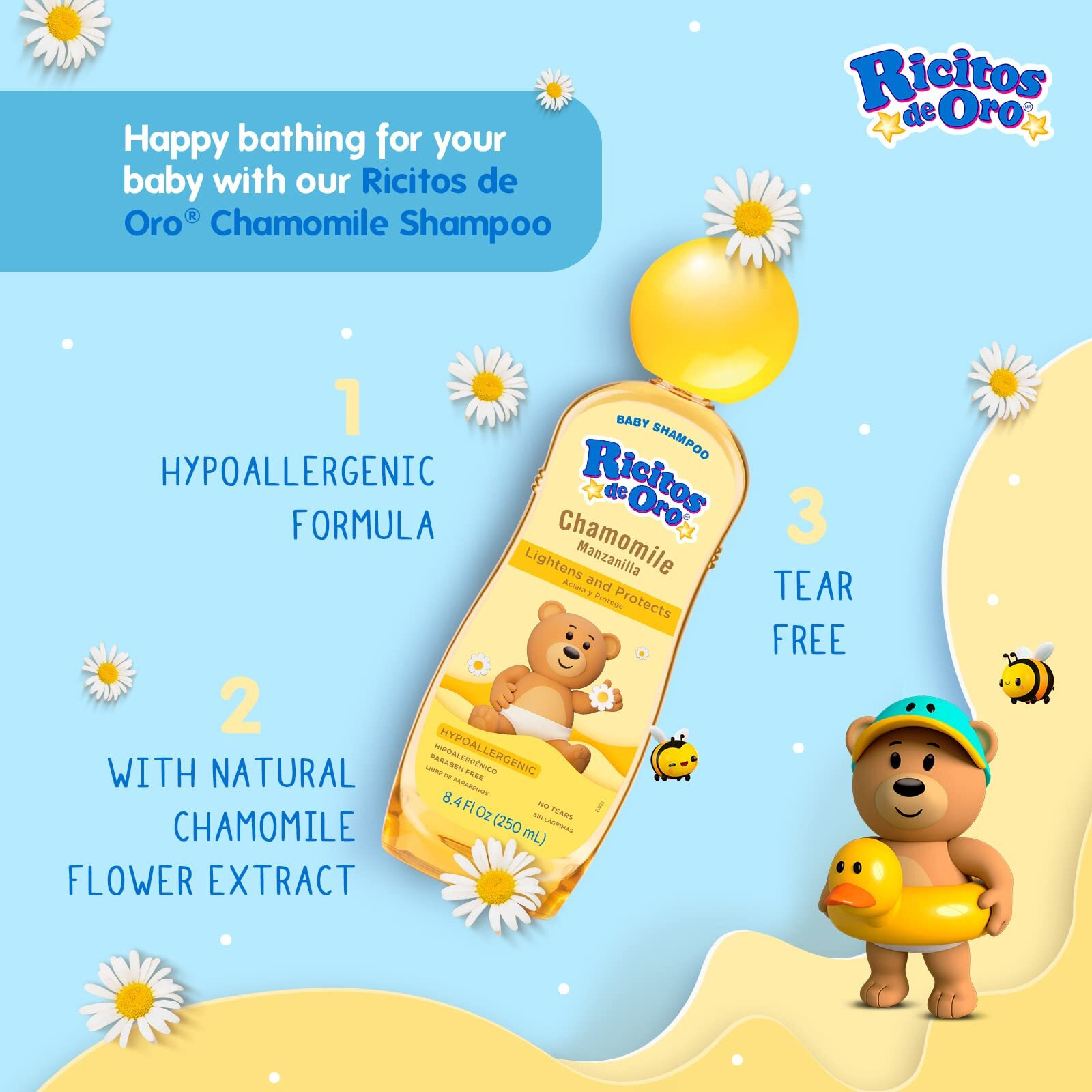 Ricitos De Oro Chamomile Manzanilla  Baby Shampoo  Hypoallergenic  3 Pack  8.4 Fl Oz Bottles