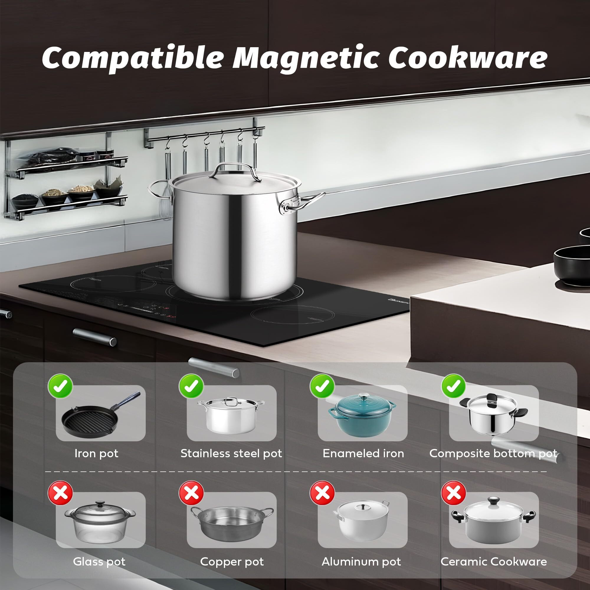 Induction Cooktop 12 Inch  220V~240V  2 Burners Electric Cooktop 3500W  12'' Built-In Double Electric Stove Top Countertop Cooker With Hard Wire No Plug