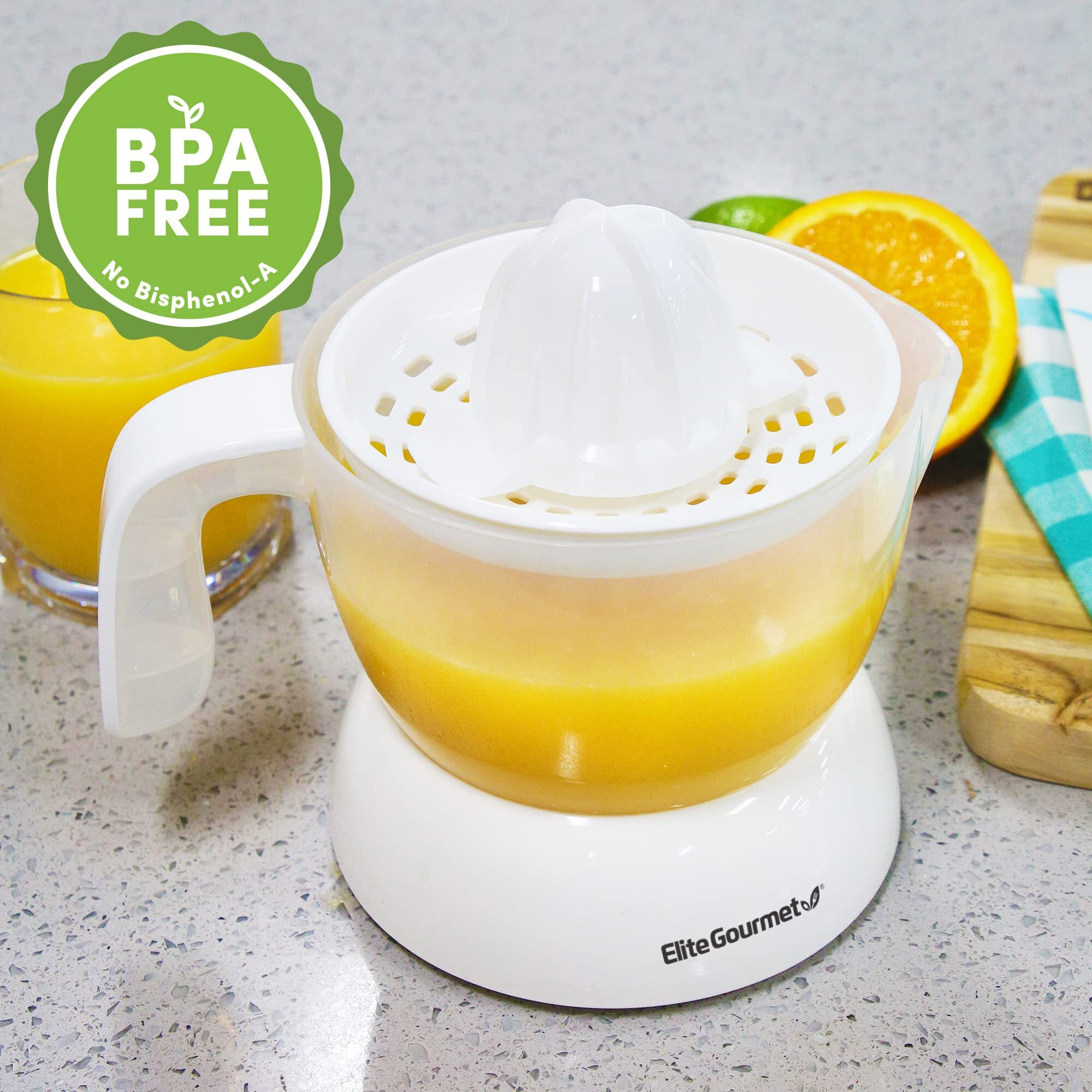Elite Gourmet Ets-411 Bpa-Free Electric Citrus Juicer Extractor Compact Large Volume Pulp Control Oranges  Lemons  Limes  Grapefruits With Easy Pour Spout  16 Oz  White