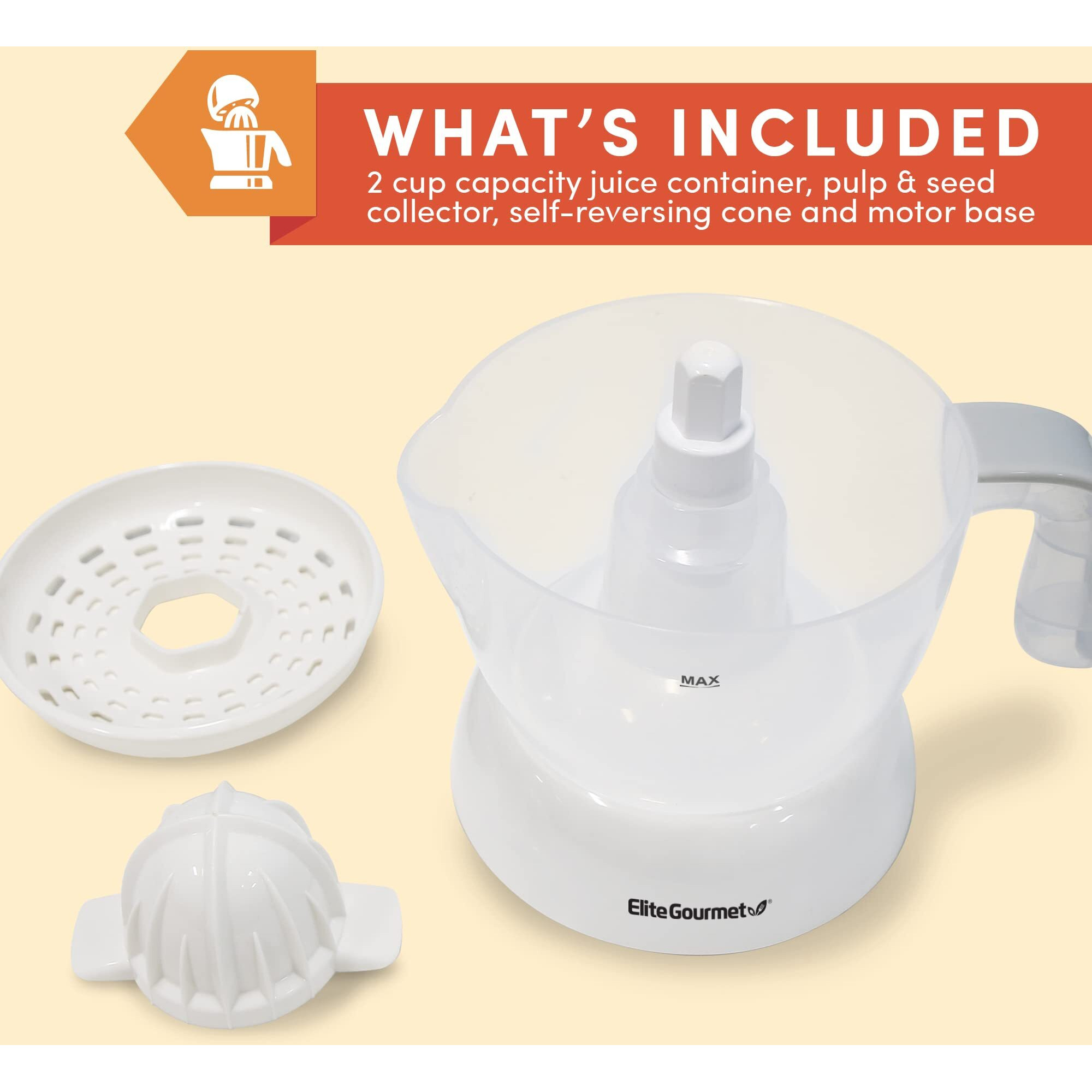 Elite Gourmet Ets-411 Bpa-Free Electric Citrus Juicer Extractor Compact Large Volume Pulp Control Oranges  Lemons  Limes  Grapefruits With Easy Pour Spout  16 Oz  White