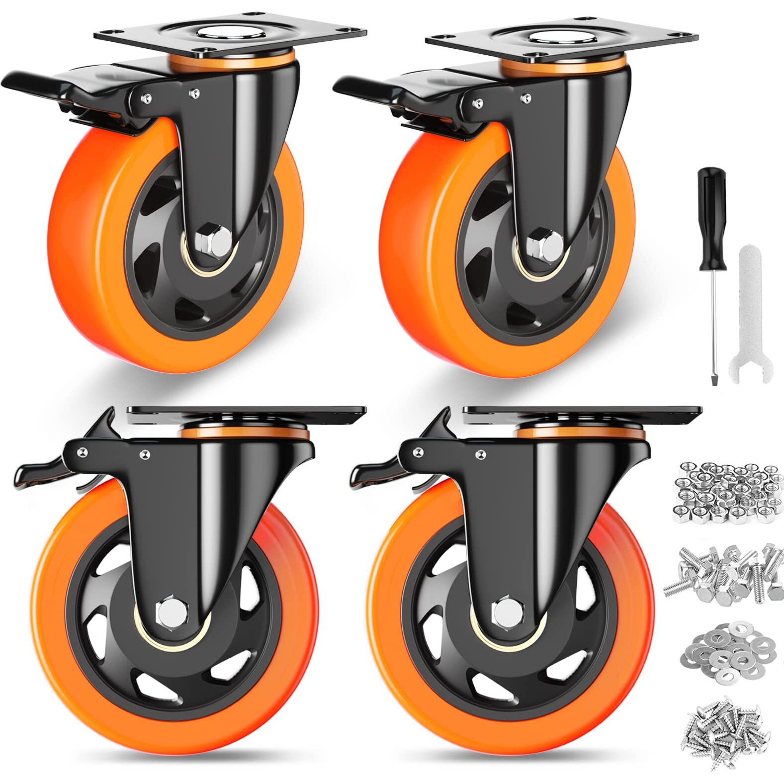 4 Inch Caster Wheels  Casters Set Of 4  Heavy Duty Casters With Brake 2200 Lbs  Locking Industrial Swivel Top Plate Casters Wheels For Furniture And Workbench Cart(Two Hardware Kits Include)