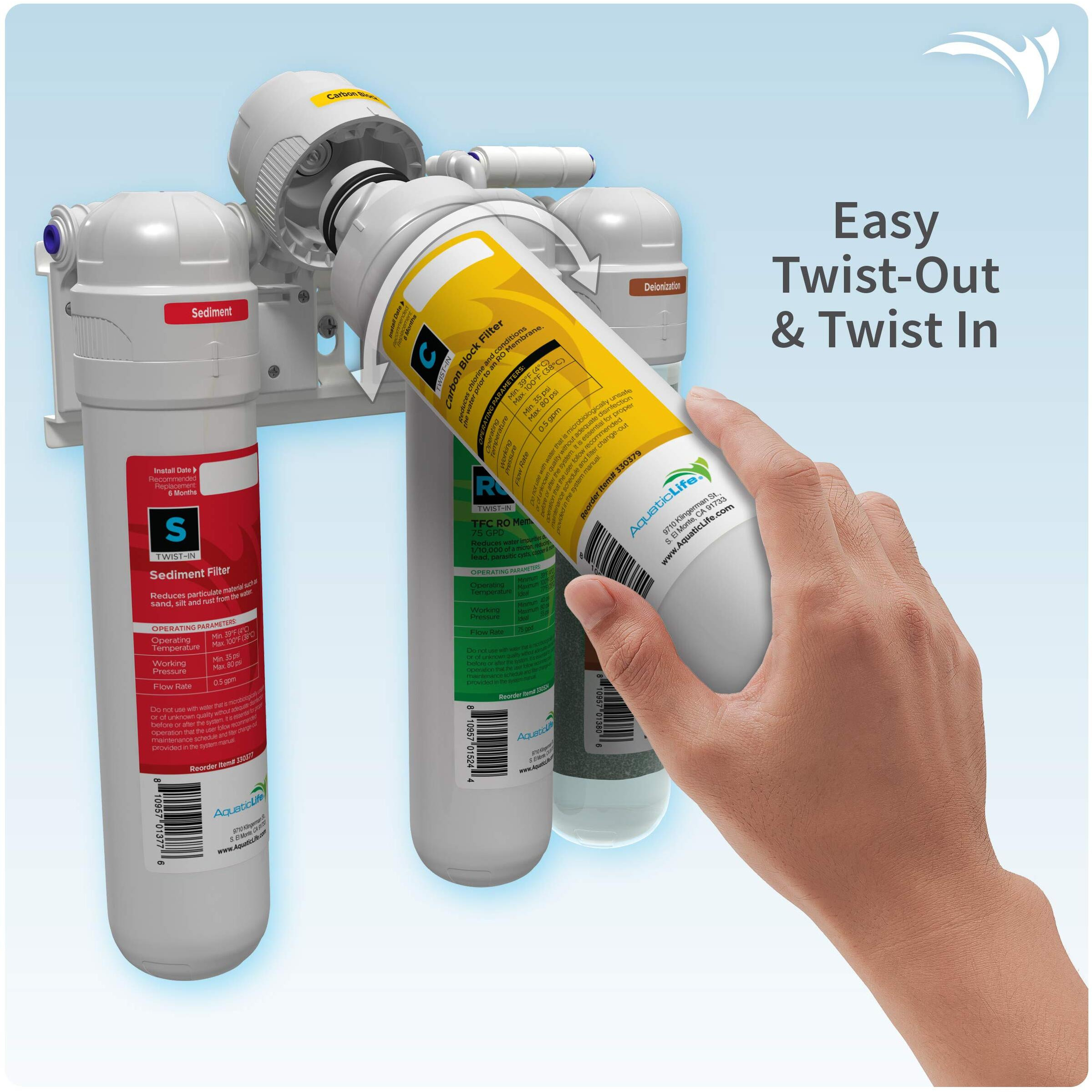 Aquatic Life Twist-In 4-Stage Reverse Osmosis Water Filter System Ro/Di Filtration Units For Aquarium  75 Gpd