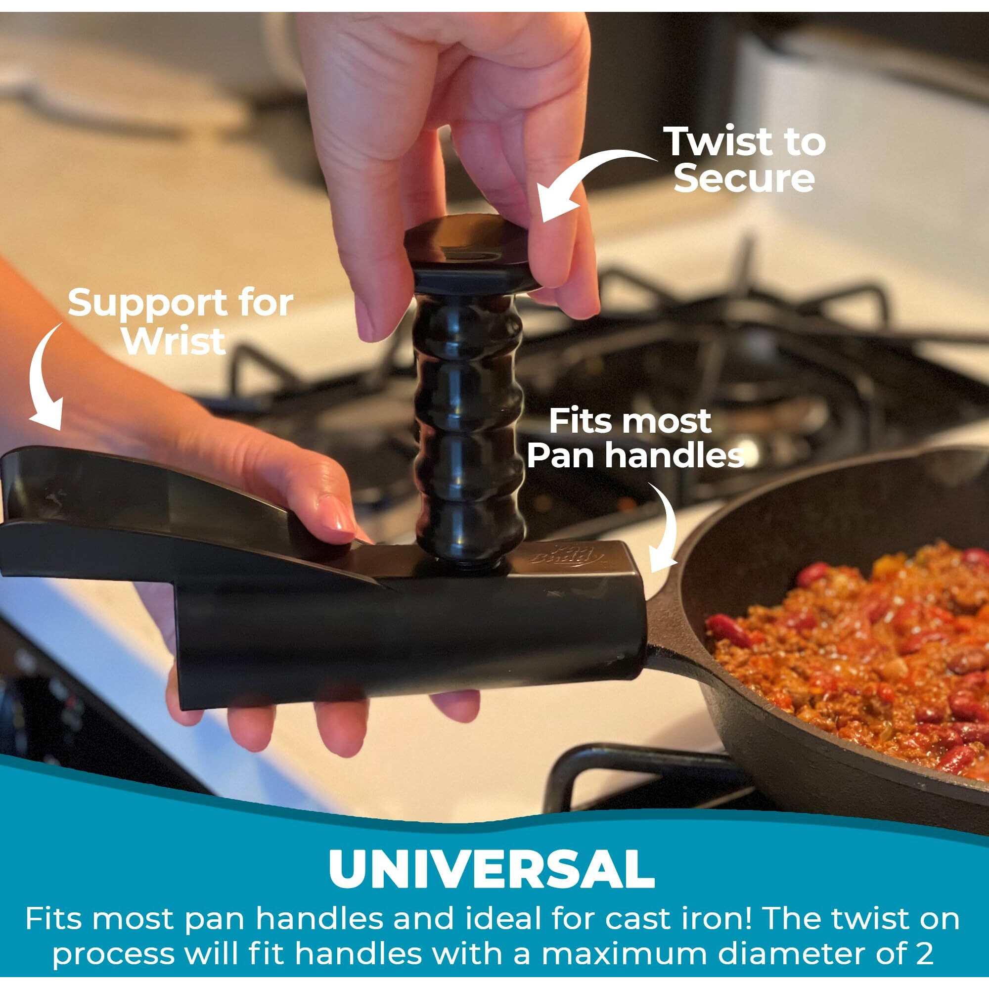 Pan Buddy- Vertical Attachment For Pan Handle- Adds Leverage And Support- Makes Lifting Heavy Cookware Easier (Black)