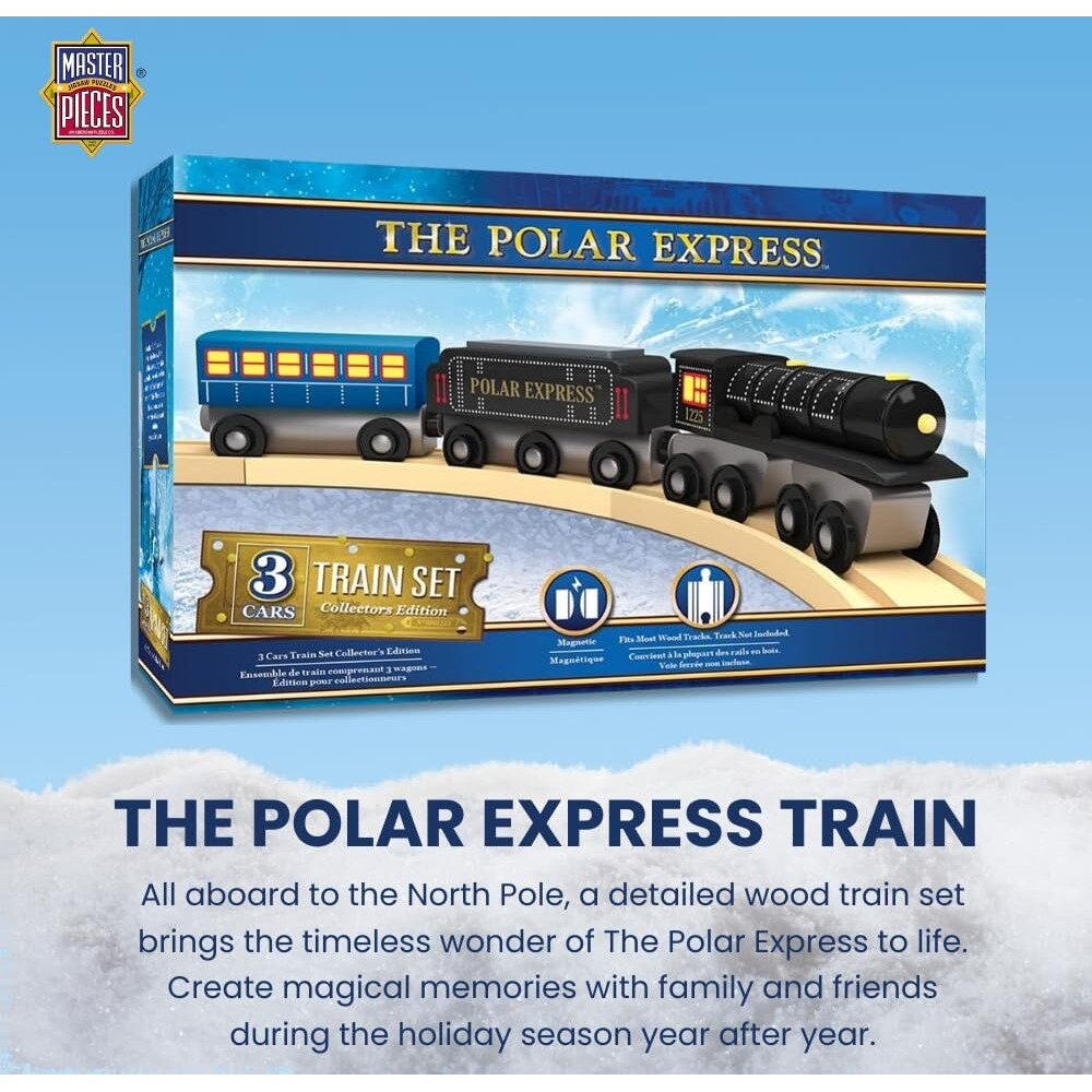 Masterpieces - The Polar Express Train  3 Piece Set  Officially Licensed Collectors Edition Toy  Wooden Magnetic Engine And Cars  Kids Toddlers Boys And Girls  Ages 3+