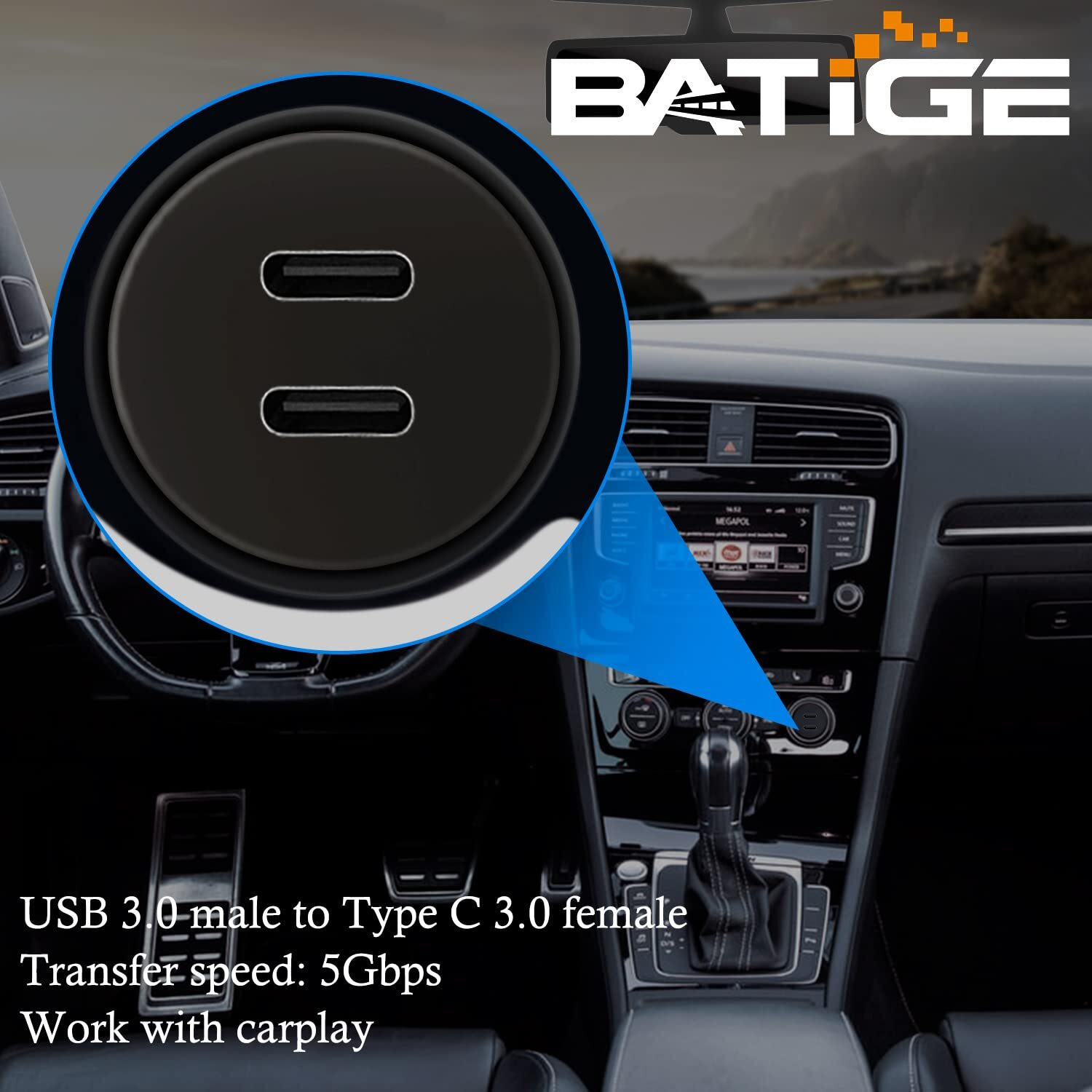 Batige Dual Port Usb 3.0 Male To 2 Ports Type C 3.0 Female Car Flush Mount Cable Usb C 3.0 Panel Mount Extension Cable For Car Truck Boat Motorcycle - 3Ft