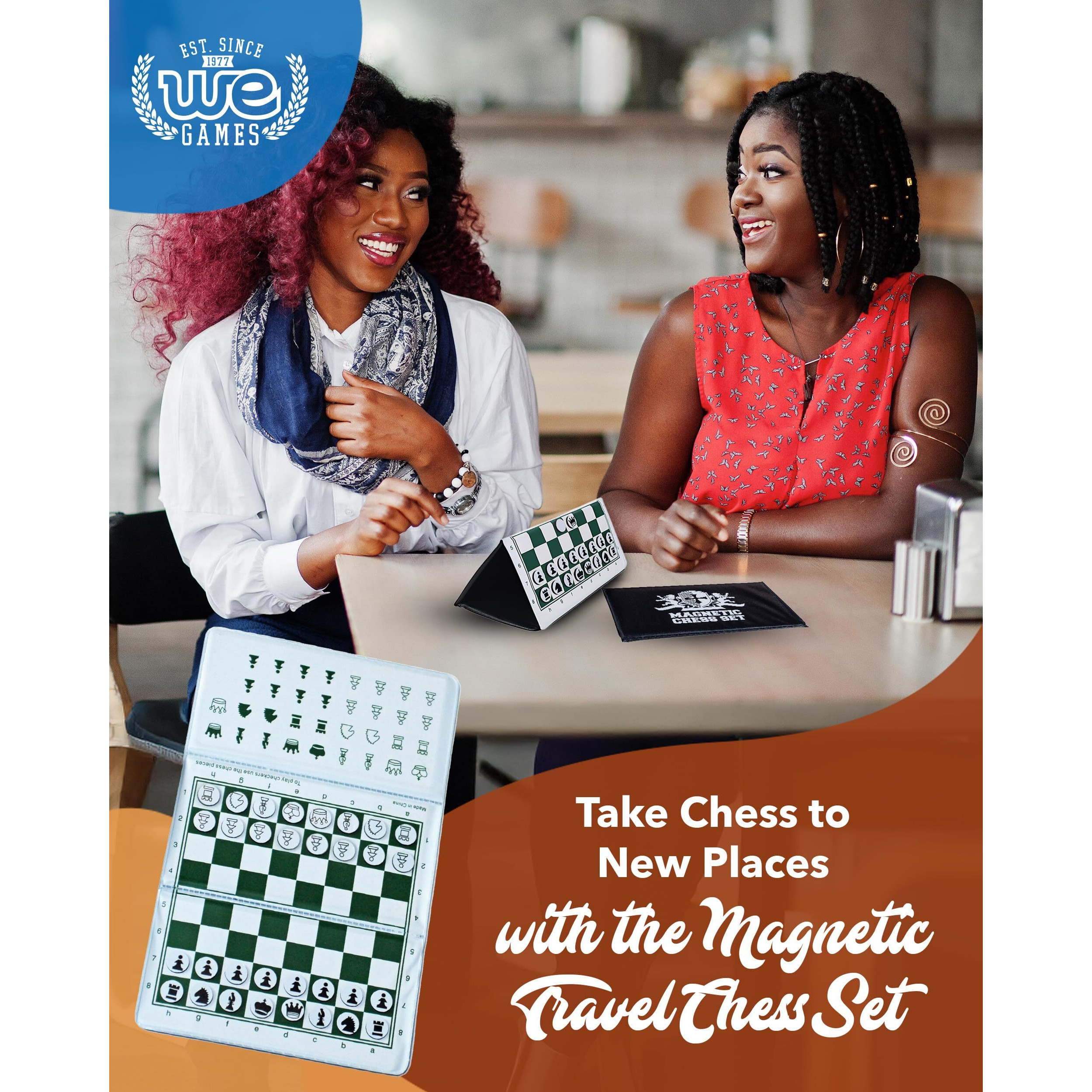 We Games Mini Magnetic Travel Chess Set - 6  Compact Foldable Board With Durable Vinyl Design Pieces - Indoor & Outdoor Magnetic Chess Game - Extra Queens Included  White Logo