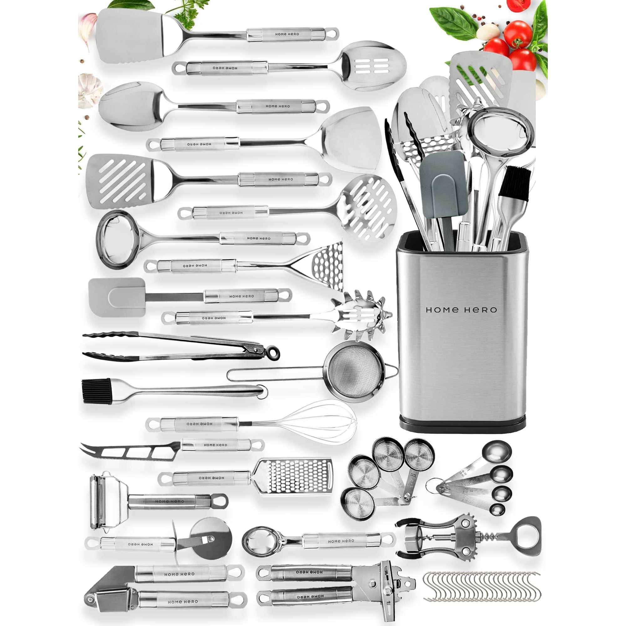 Home Hero 54 Pcs Stainless Steel Kitchen Utensils Set - Nonstick Stainless Steel Cooking Utensils Set - Heat Resistant Kitchen Essentials & Metal Kitchen Gadgets (54 Pcs)