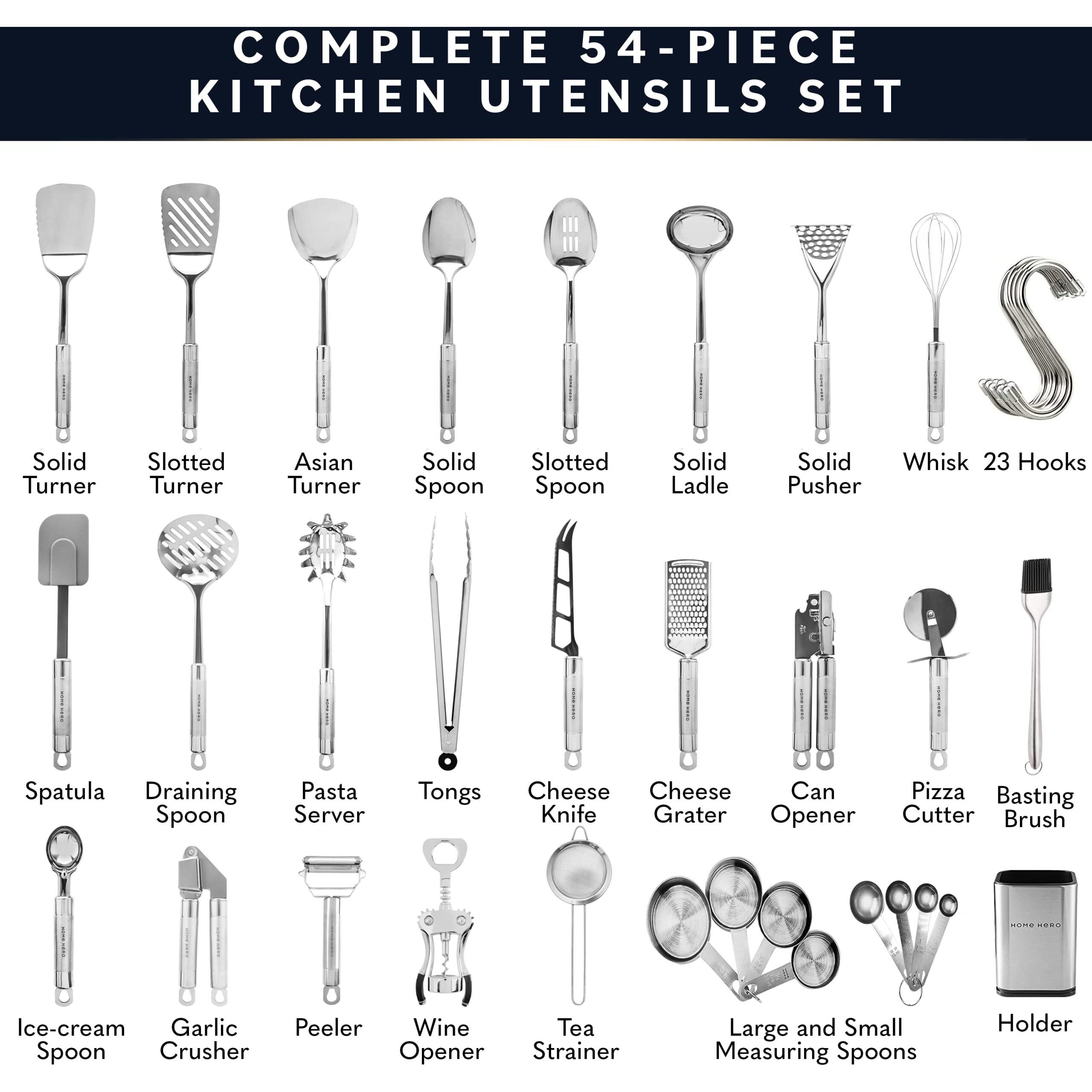 Home Hero 54 Pcs Stainless Steel Kitchen Utensils Set - Nonstick Stainless Steel Cooking Utensils Set - Heat Resistant Kitchen Essentials & Metal Kitchen Gadgets (54 Pcs)