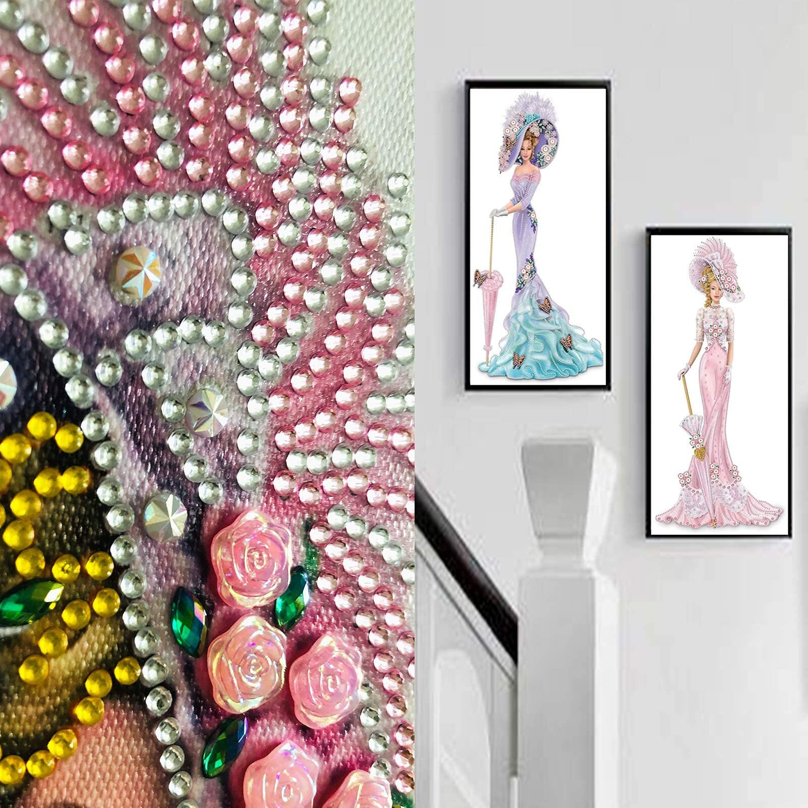 2 Pack Diy 5D Diamond Art Painting Kits  Special Shaped Rhinestones  Partial Drill Lady With Hat Crystal Diamond Art Crafts Kits (Large  12X24 Inch  Lavender Pattern Dress Lady+Pink Dress Lady)