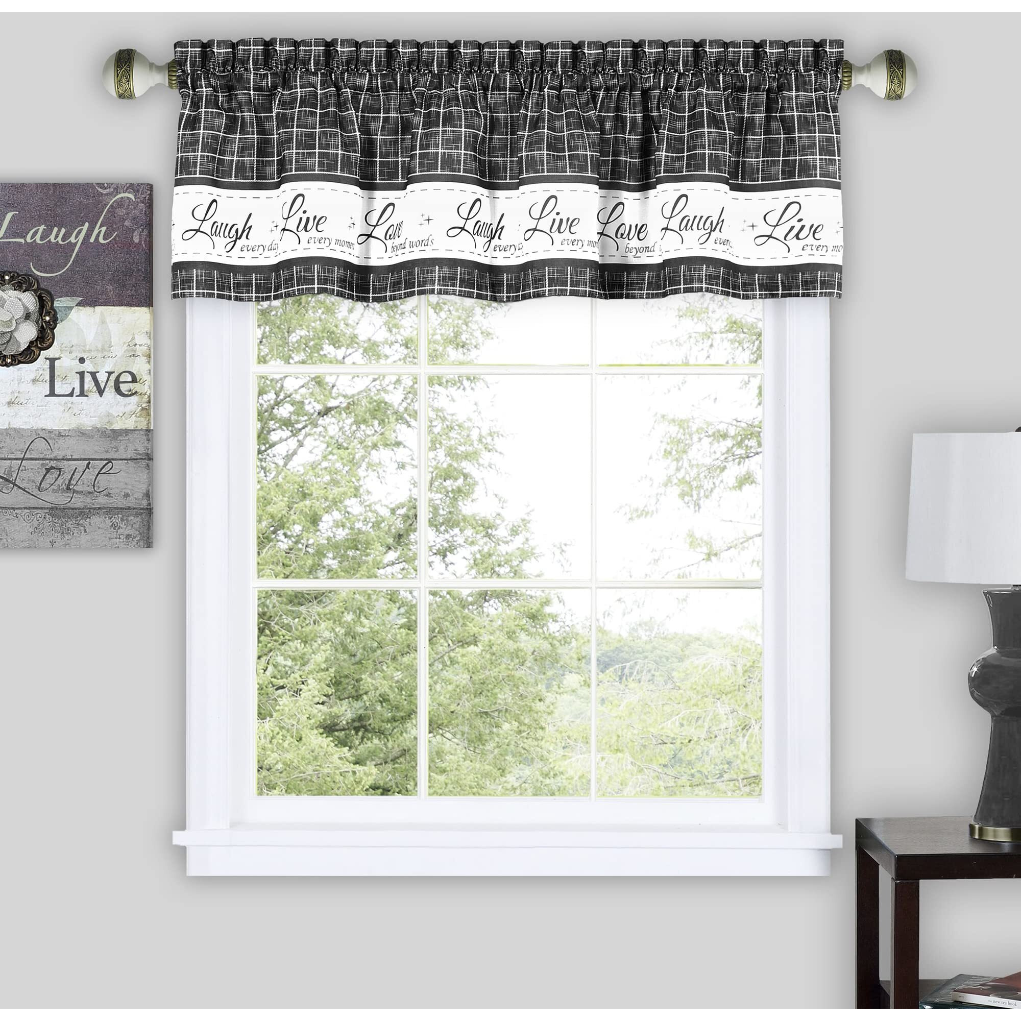Soft Valance Window Curtains - 58 Inch Width  14 Inch Length - Live  Love Laugh (Charcoal) - Wrinkle-Free Light Filtering Polyester Drapes For Bedroom Living & Dining Room By Achim Home Decor