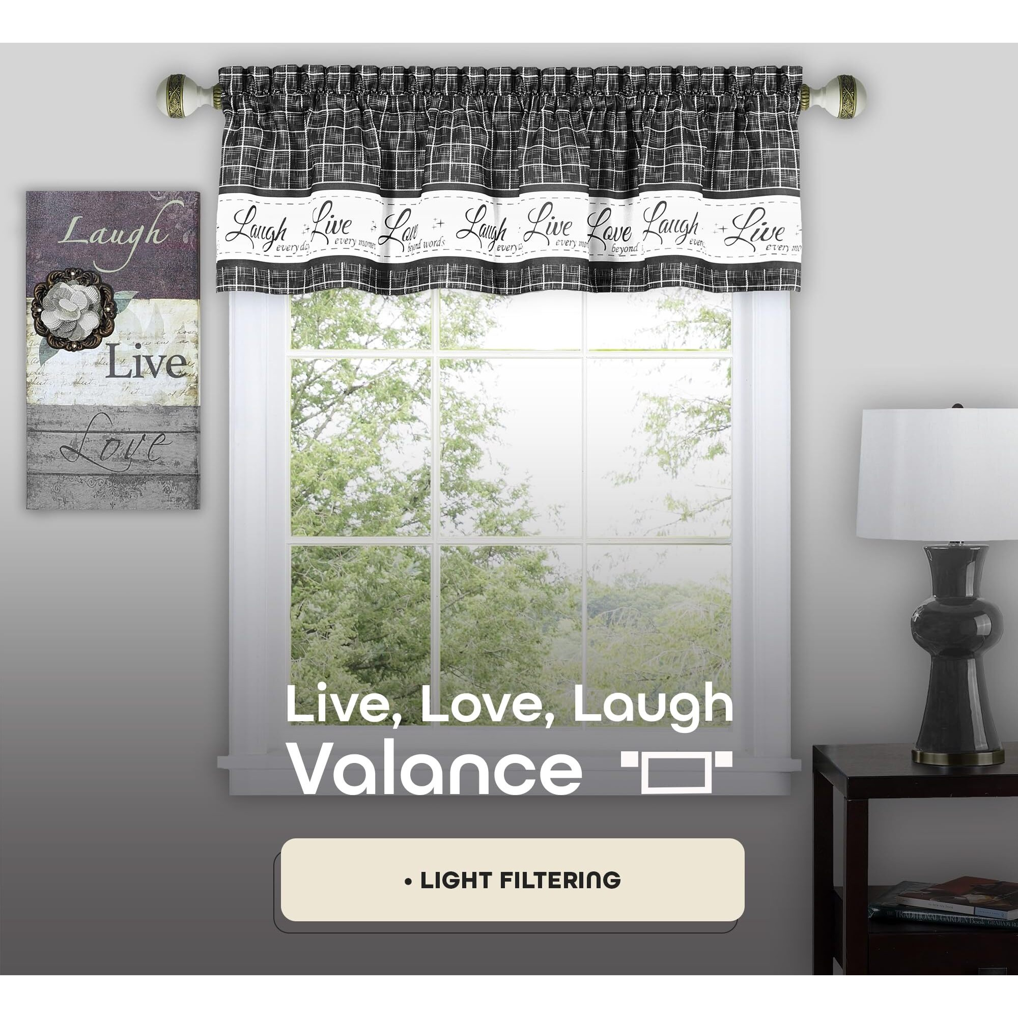 Soft Valance Window Curtains - 58 Inch Width  14 Inch Length - Live  Love Laugh (Charcoal) - Wrinkle-Free Light Filtering Polyester Drapes For Bedroom Living & Dining Room By Achim Home Decor