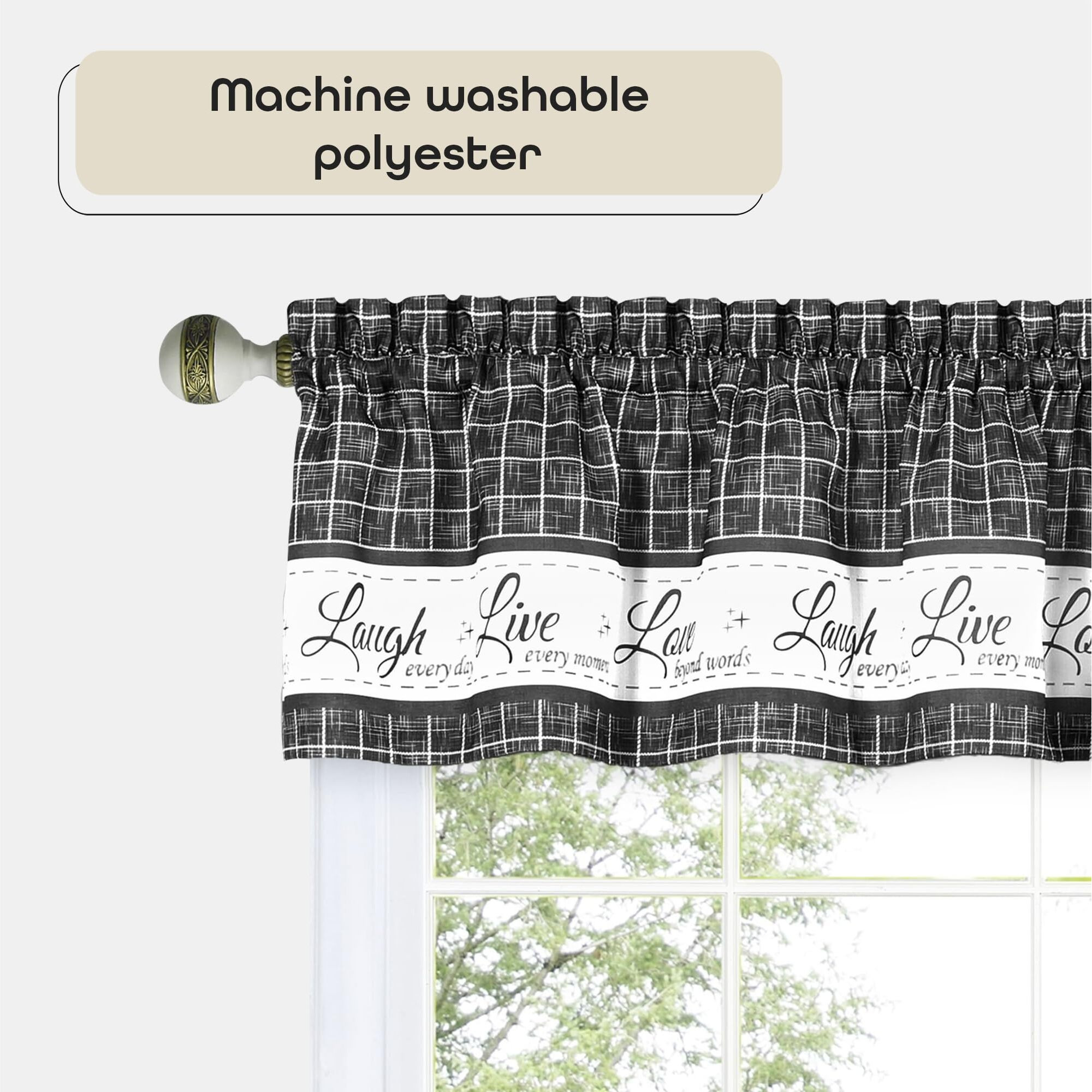 Soft Valance Window Curtains - 58 Inch Width  14 Inch Length - Live  Love Laugh (Charcoal) - Wrinkle-Free Light Filtering Polyester Drapes For Bedroom Living & Dining Room By Achim Home Decor