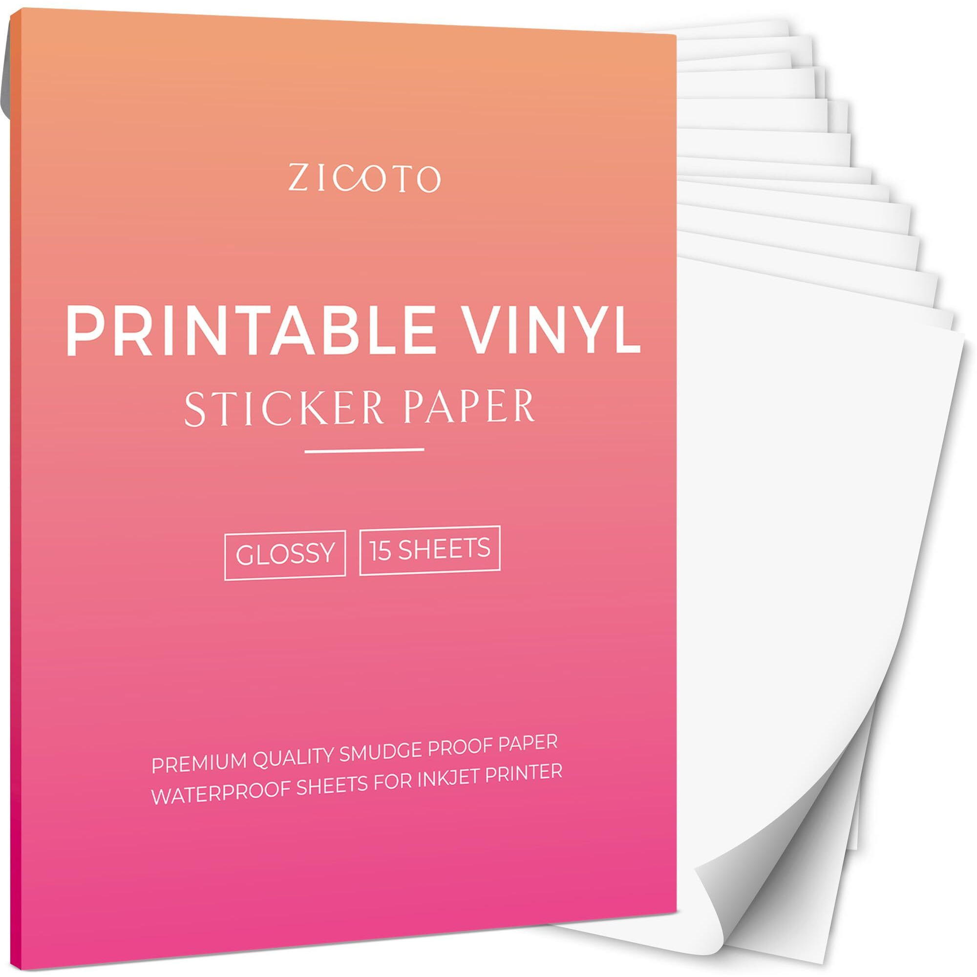 Zicoto Premium Printable Vinyl Sticker Paper - Glossy White 8.5 X 11 Inch Sheets For Your Inkjet Or Laser Printer - 15 Waterproof Decal Paper Sheets Dry Quickly And Hold Ink Beautifully