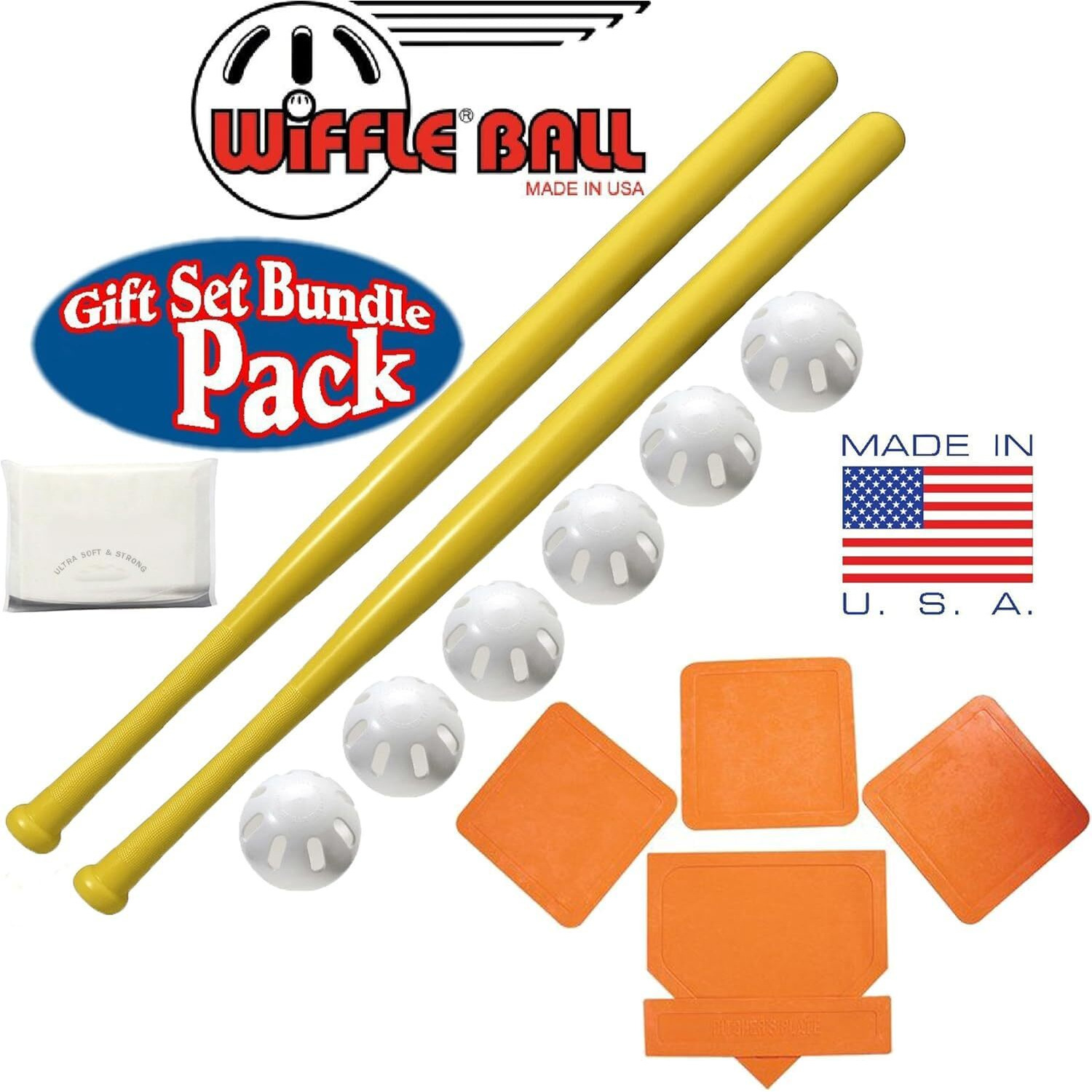 Wiffle Ball 6 Baseballs Official Size - 6 Pack Ball 32"" Bats 2 Pack  Orange Throw Down Bases (5 Piece)