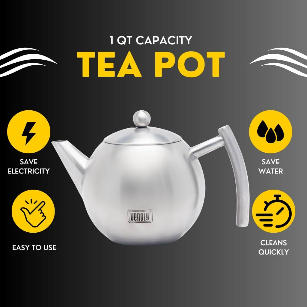 Venoly Stainless Steel Tea Pot With Removable Infuser For Loose Leaf And Tea Bags  Hot Water Fast To Boil  Dishwasher Safe And Heat Resistant (Silver  1 Quarts/Liters)