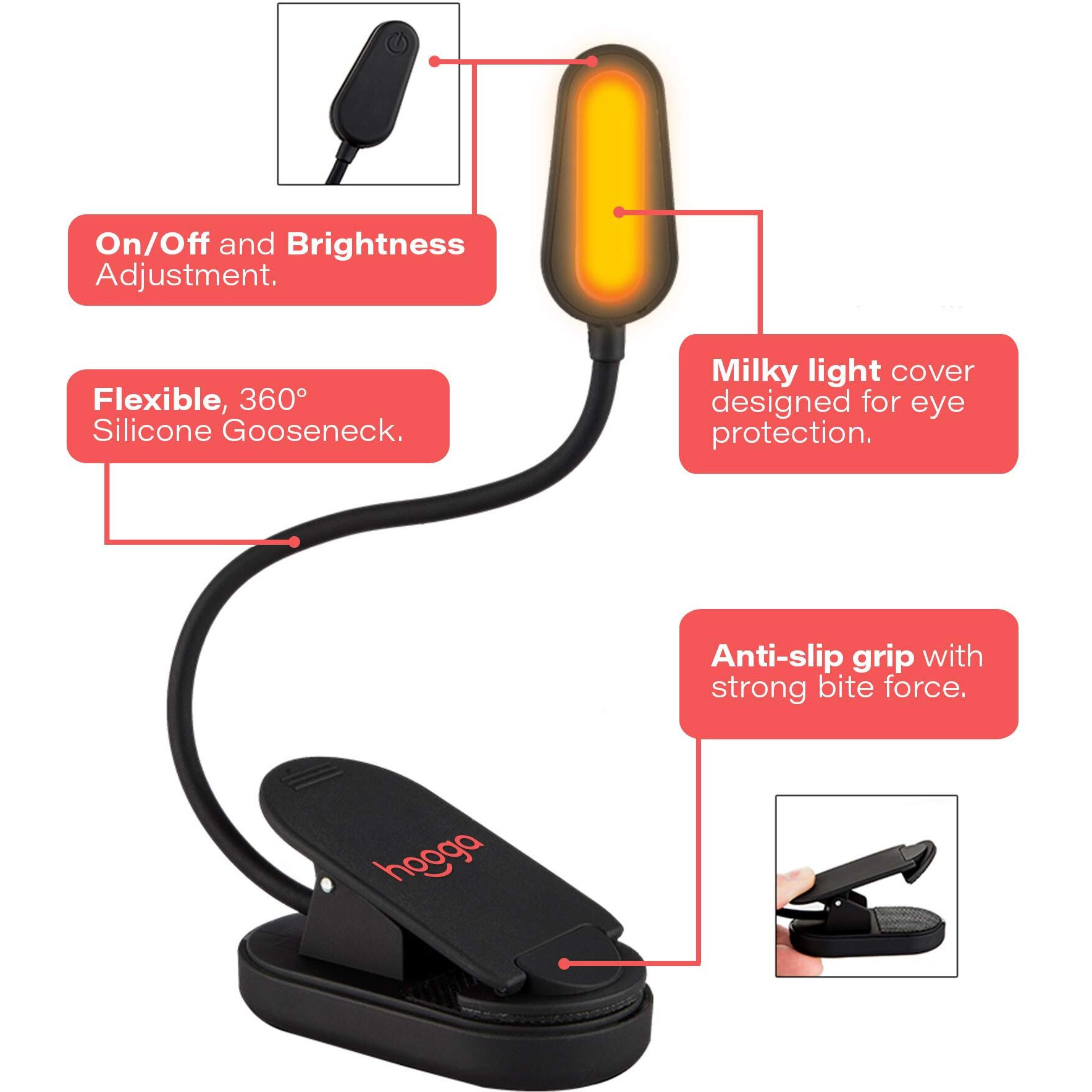 Hooga Book Light  Rechargeable Clip On Blue Blocking Amber Led Light For Reading In Bed. 1600K Color. Eye Care Light For Strain-Free  Healthy Eyes. Gift For Students  Kids  Travel  Nursing  Studying.