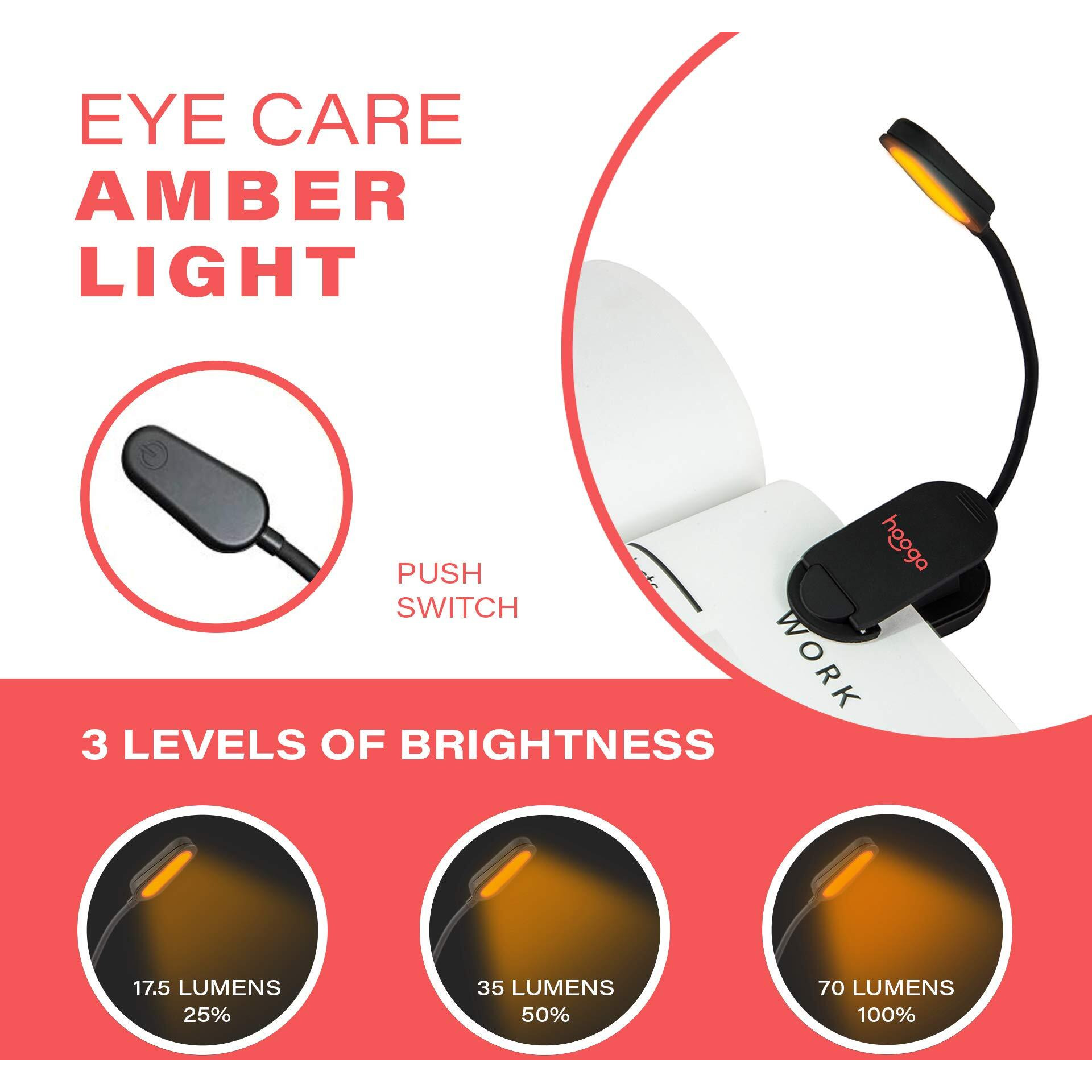 Hooga Book Light  Rechargeable Clip On Blue Blocking Amber Led Light For Reading In Bed. 1600K Color. Eye Care Light For Strain-Free  Healthy Eyes. Gift For Students  Kids  Travel  Nursing  Studying.