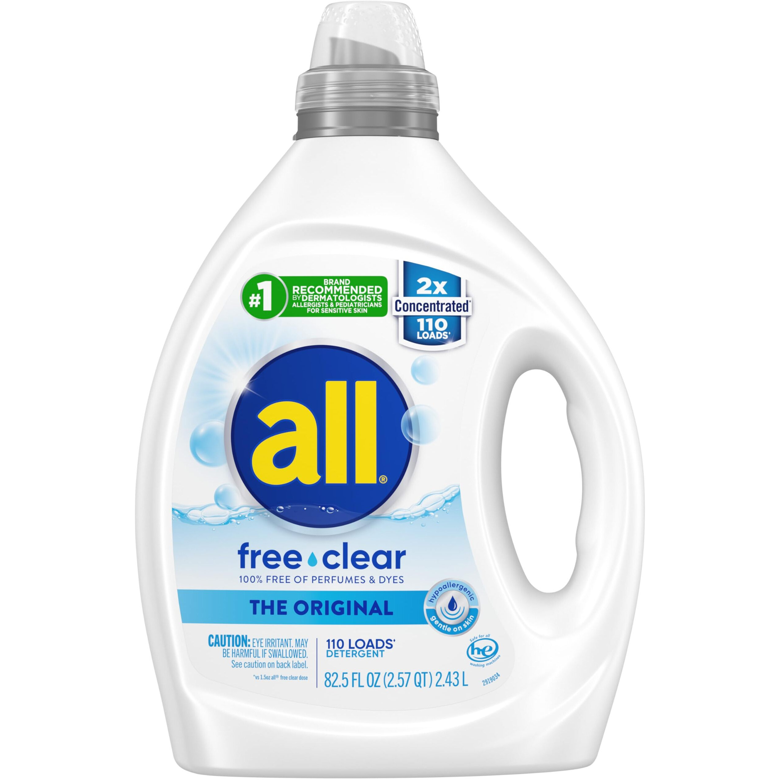 All Liquid Laundry Detergent  Free Clear For Sensitive Skin  Unscented And Hypoallergenic  2X Concentrated  110 Loads