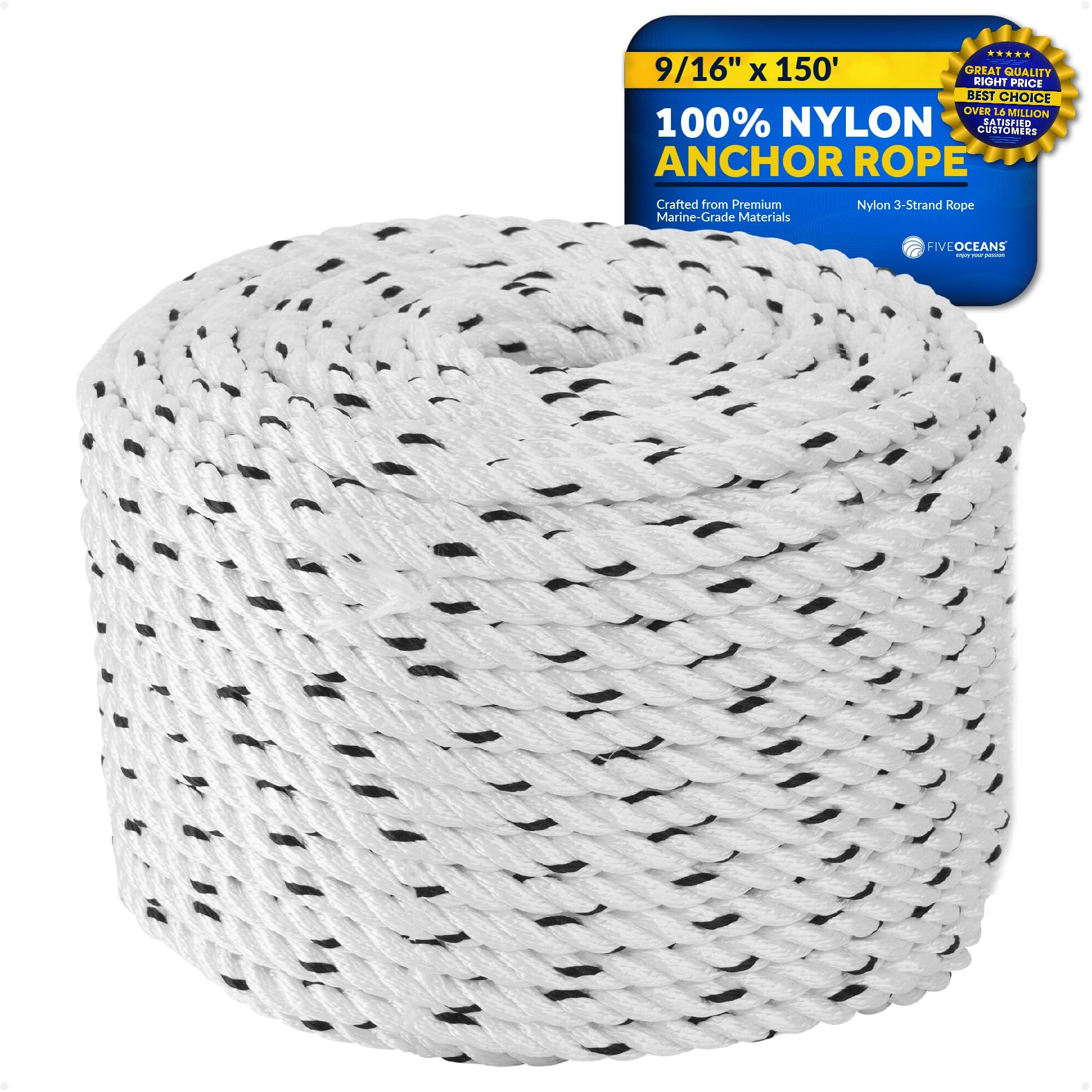 Five Oceans Boat Anchor Rope 9/16 Inch X 100 Ft - Marine Premium 3-Strand White Nylon - Ideal For Mooring Anchoring Windlasses Towing - Fo4487-M150