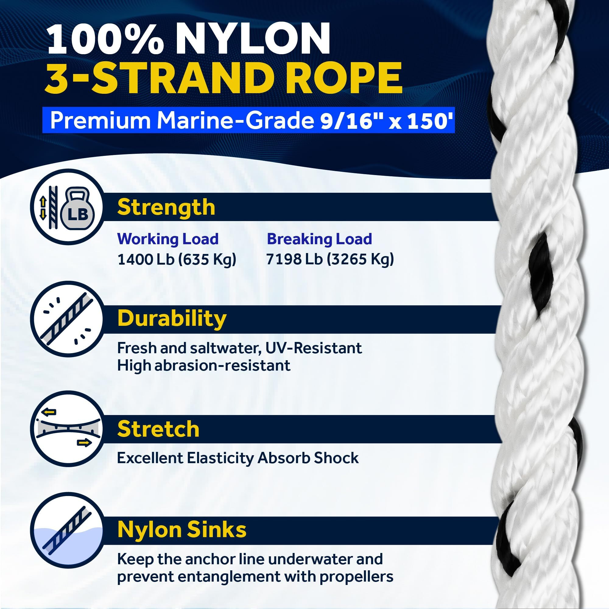 Five Oceans Boat Anchor Rope 9/16 Inch X 100 Ft - Marine Premium 3-Strand White Nylon - Ideal For Mooring Anchoring Windlasses Towing - Fo4487-M150