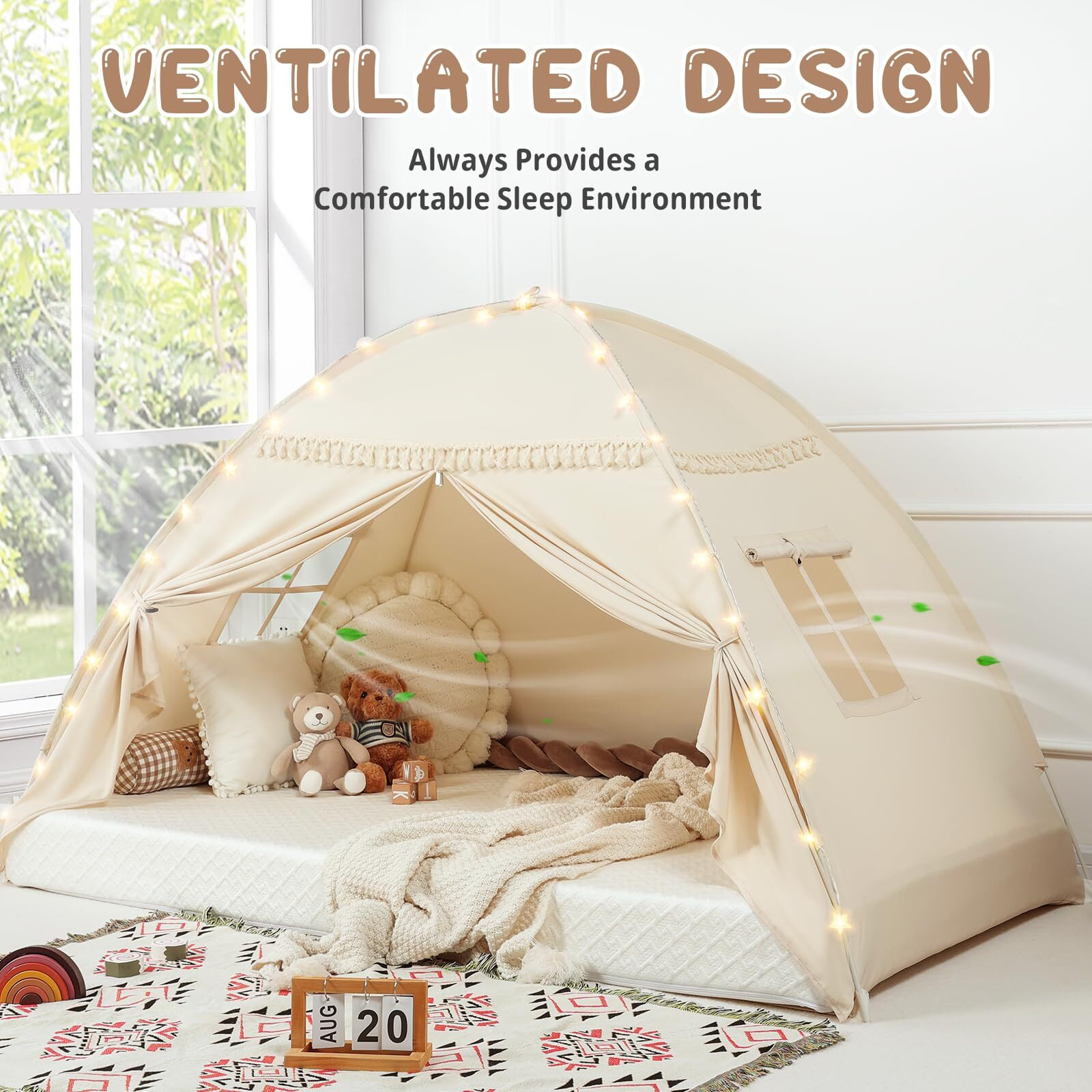 Toddler Bed Tent Canopy Lights & Flags Indoor Floor Bed Kids Tent Playhouse - Portable & Foldable Twin Bunk Bed Curtains - Large Size Girls & Boys House Bedroom Privacy Space Sleeping Tents Gifts