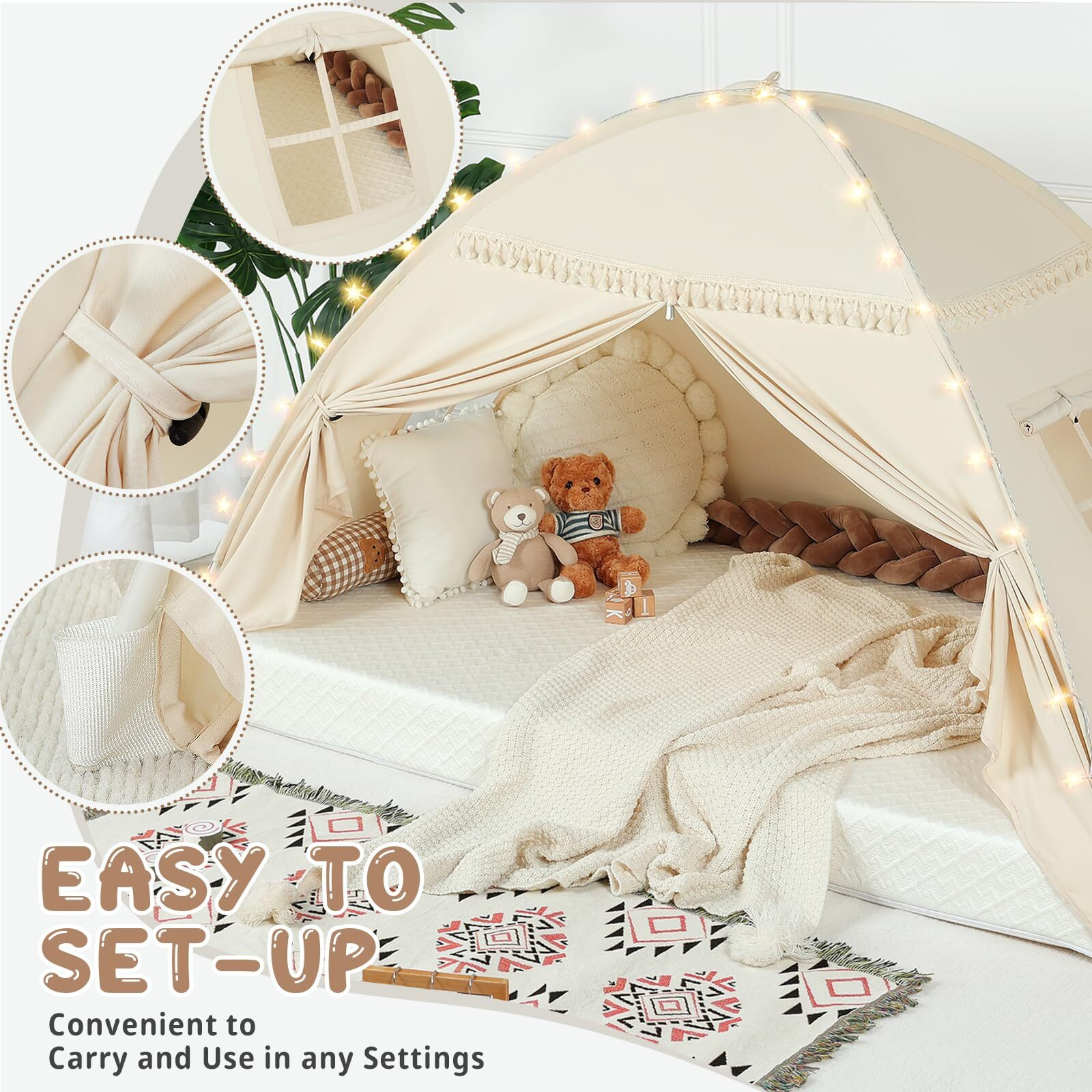 Toddler Bed Tent Canopy Lights & Flags Indoor Floor Bed Kids Tent Playhouse - Portable & Foldable Twin Bunk Bed Curtains - Large Size Girls & Boys House Bedroom Privacy Space Sleeping Tents Gifts