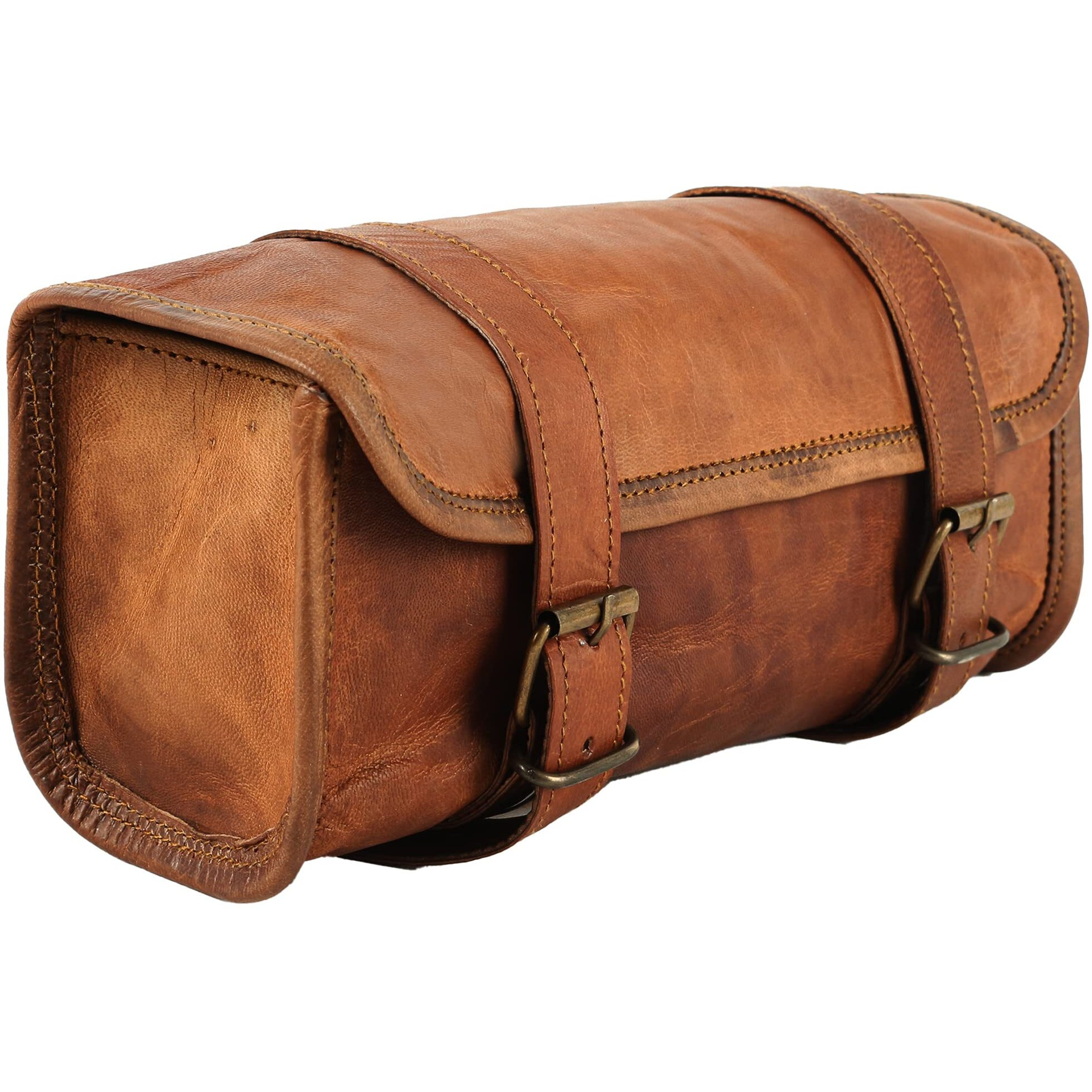 The Vintage Stuff Leather Handlebar Bag Brown Saddle Motorcycle Bag Bicycle Tool Bag Buff Leather Travel Accessory Pouch (Tan Brown)