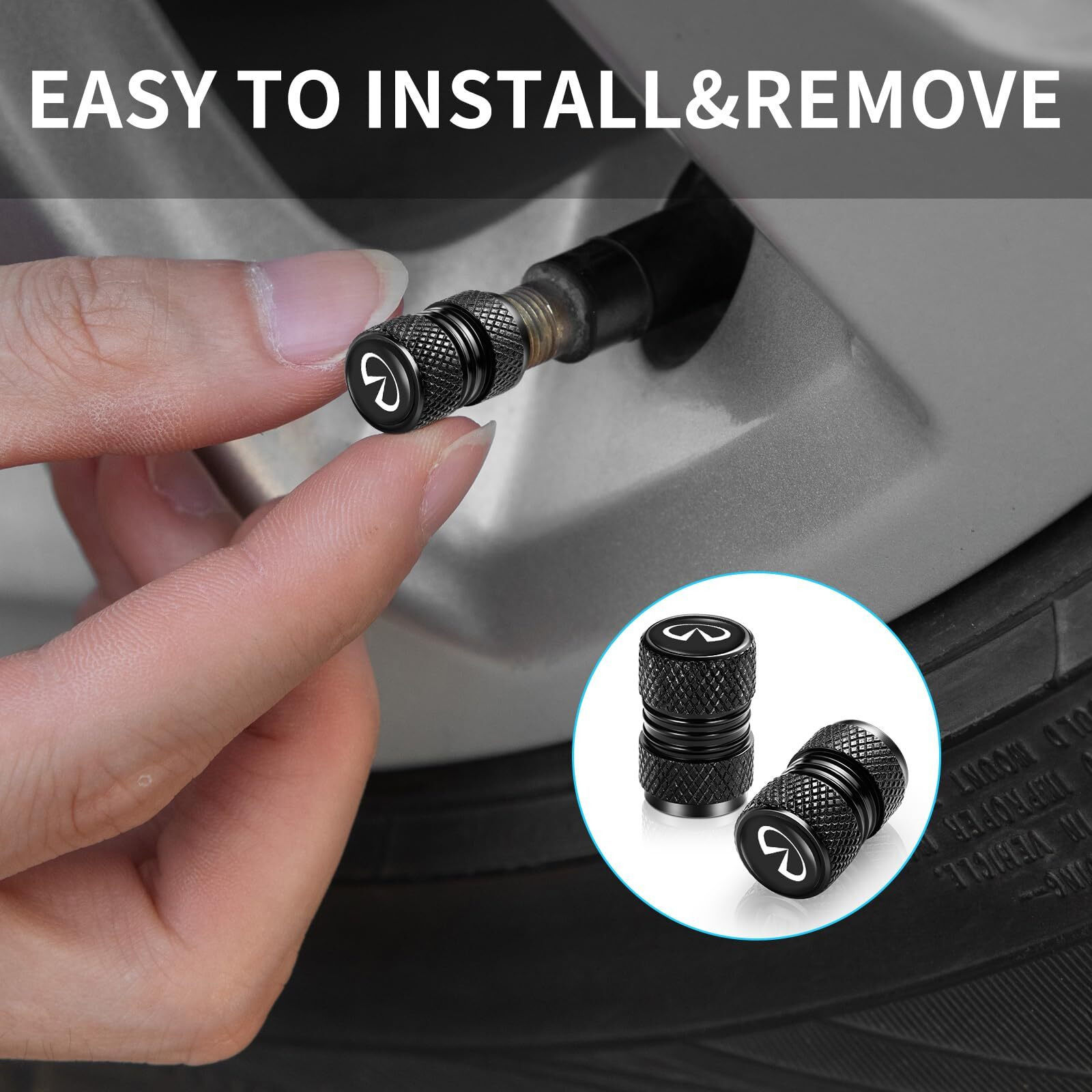 Aigmy 4 Pcs Metal Car Wheel Tire Valve Stem Caps For Infiniti Q50 Fx35 Fx37 F50 Qx70 Qx60 Ex35 Logo Tire Cover Accessories. (Black)