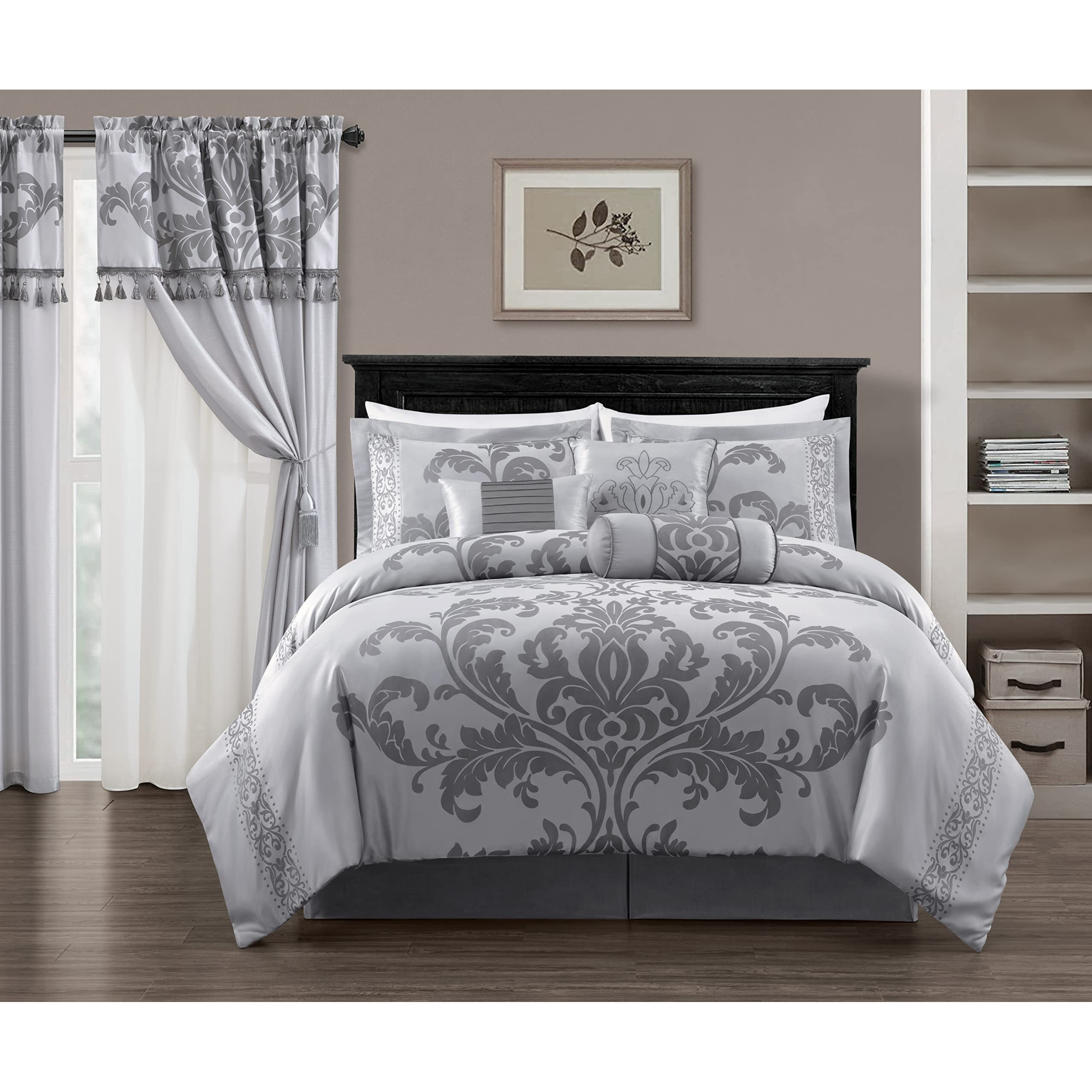 Chezmoi Collection Royale 7-Piece Jacquard Floral Comforter Set  Oversized Queen  Silver/Gray