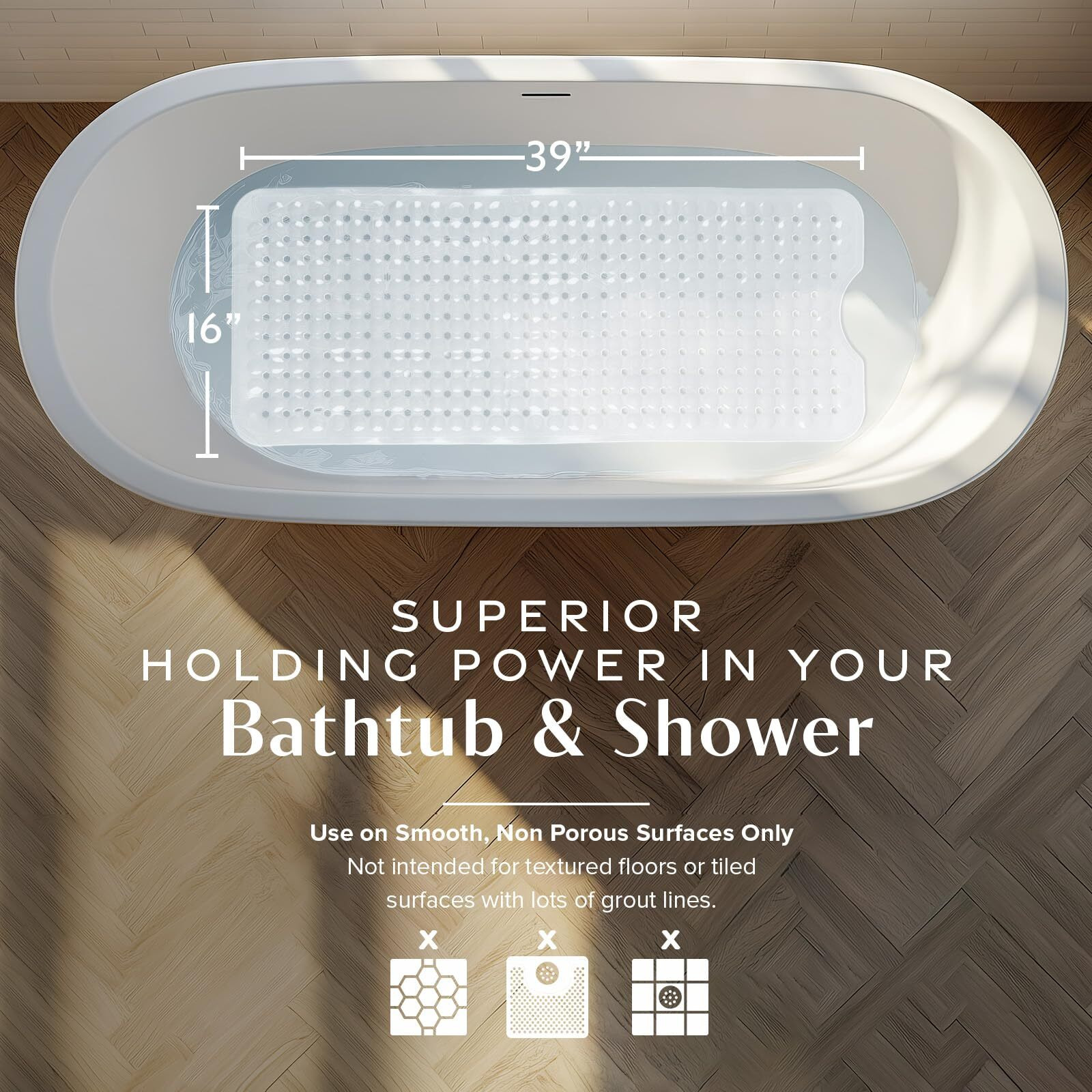 Slipx Solutions Power Grip 39X16 Bathtub & Shower Mat | Premium Non-Slip Bath Safety | Solid White