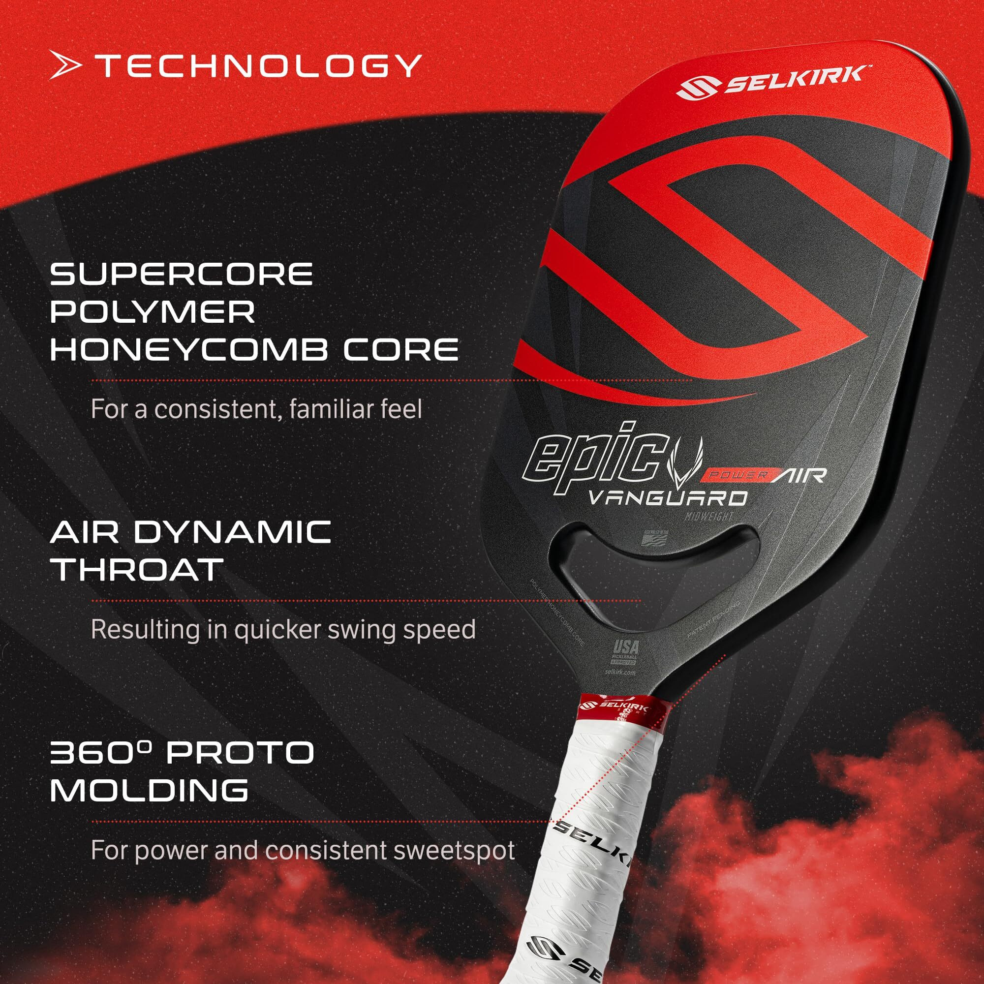 Selkirk Vanguard Power Air Pickleball Paddles | Carbon Fiber Pickleball Paddle | 360 Proto Molding & Flexfoam Perimeter | Designed For Ultimate Power & Control | Epic | Black & Red