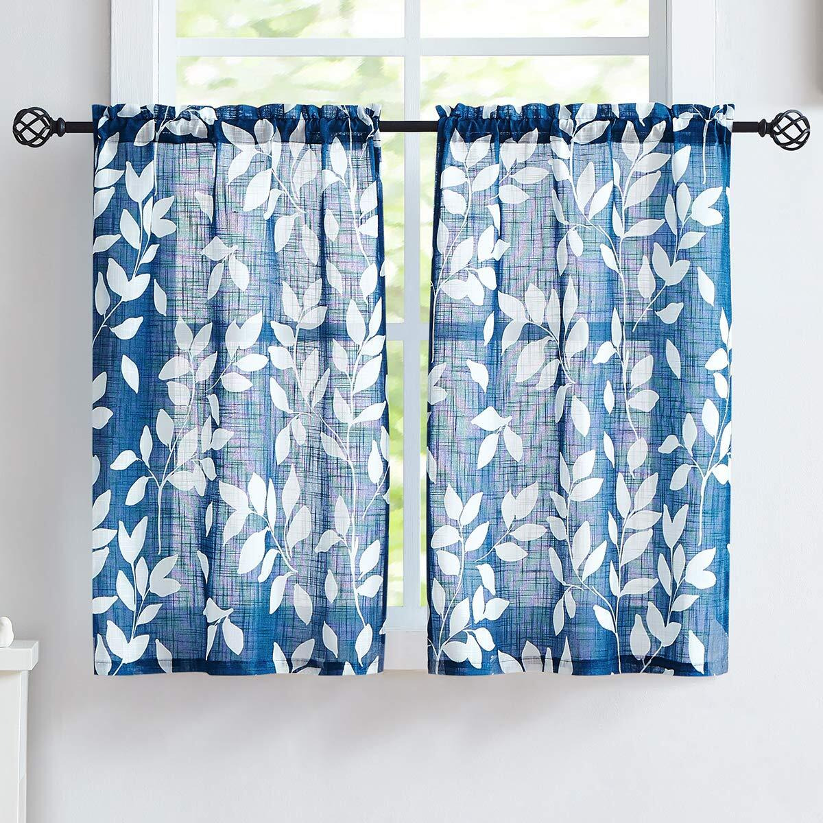 Leaf Kitchen Window Curtains For Bathroom Bassement Navy Blue And White Caf Curtain Panels Half Window Curtains 36Inches 2 Panels