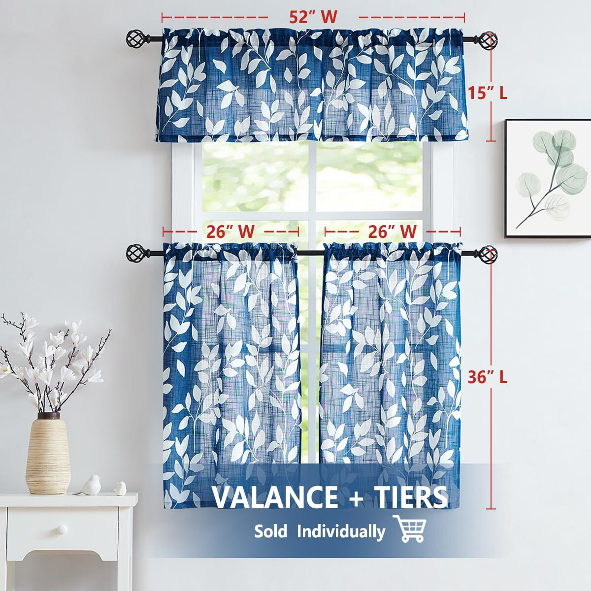 Leaf Kitchen Window Curtains For Bathroom Bassement Navy Blue And White Caf Curtain Panels Half Window Curtains 36Inches 2 Panels