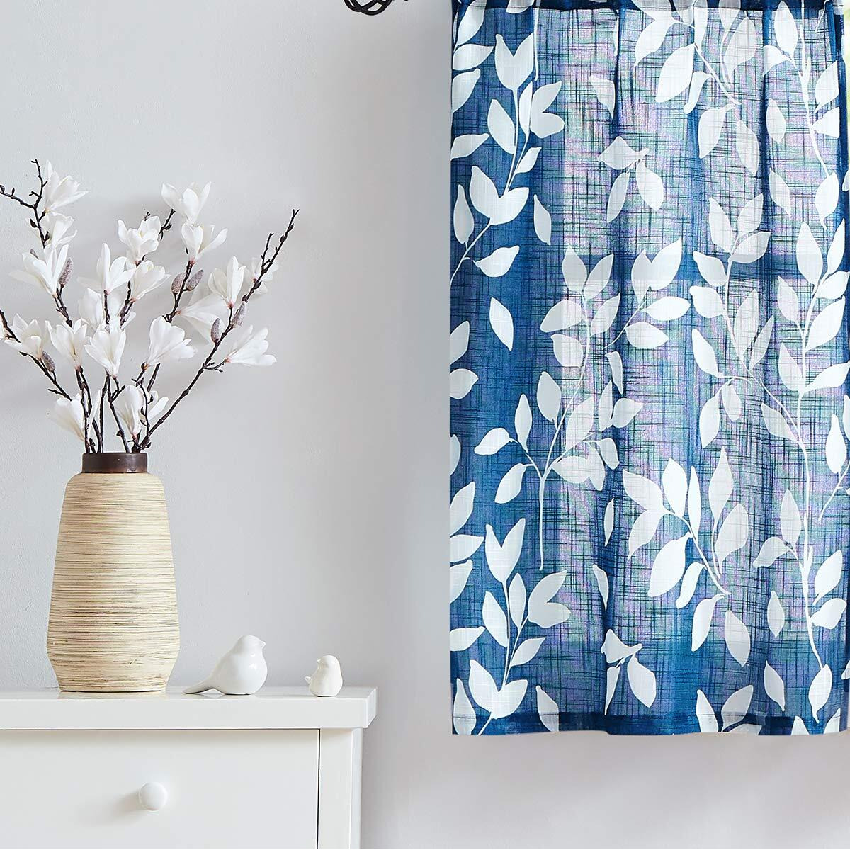 Leaf Kitchen Window Curtains For Bathroom Bassement Navy Blue And White Caf Curtain Panels Half Window Curtains 36Inches 2 Panels