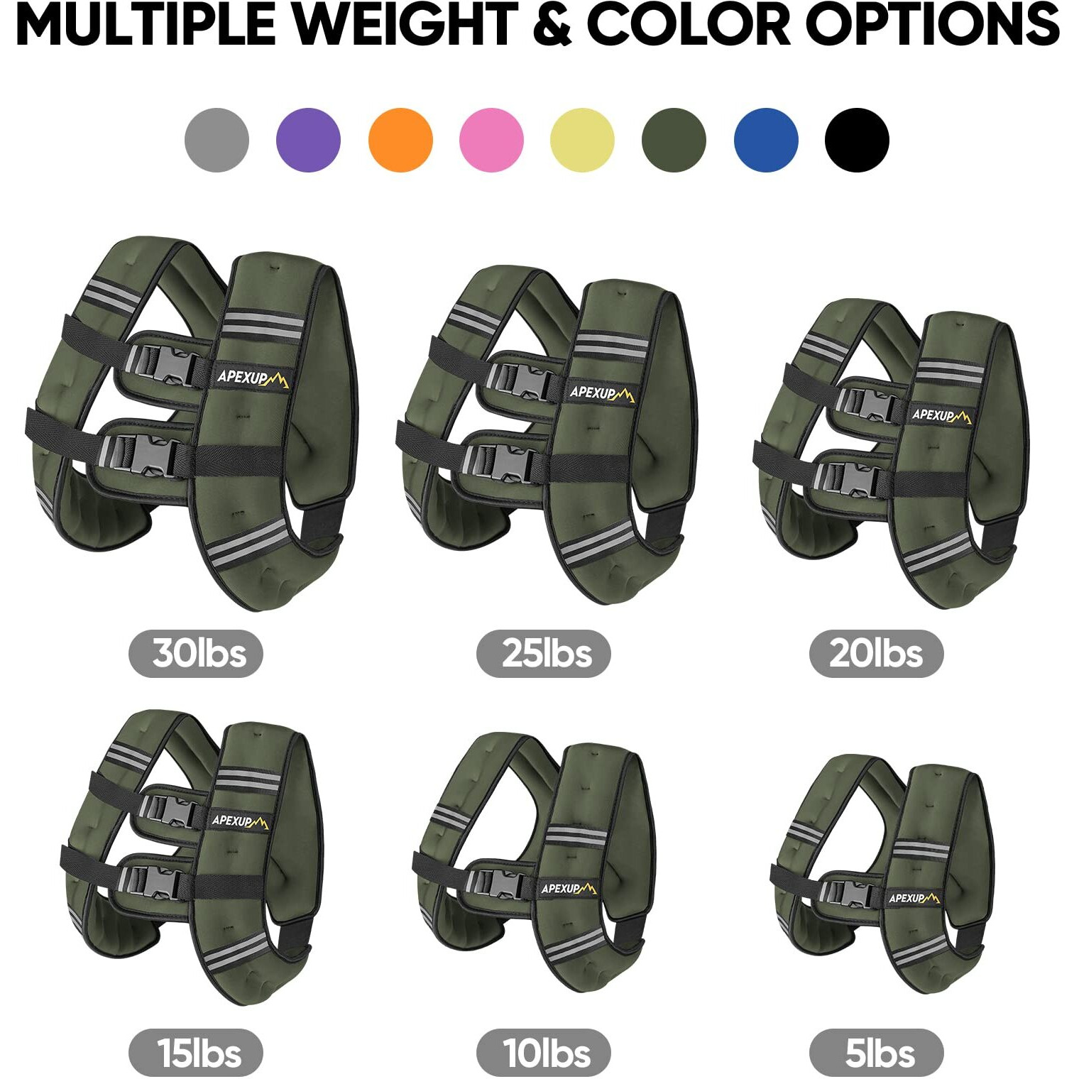 Apexup Weighted Vest With 5Lbs/10Lbs/15Lbs/20Lbs/25Lbs/30Lbs Weights And Reflective Stripe  Weight Vest Men Women For Workout  Strength Training  Running (Green  5Lbs)
