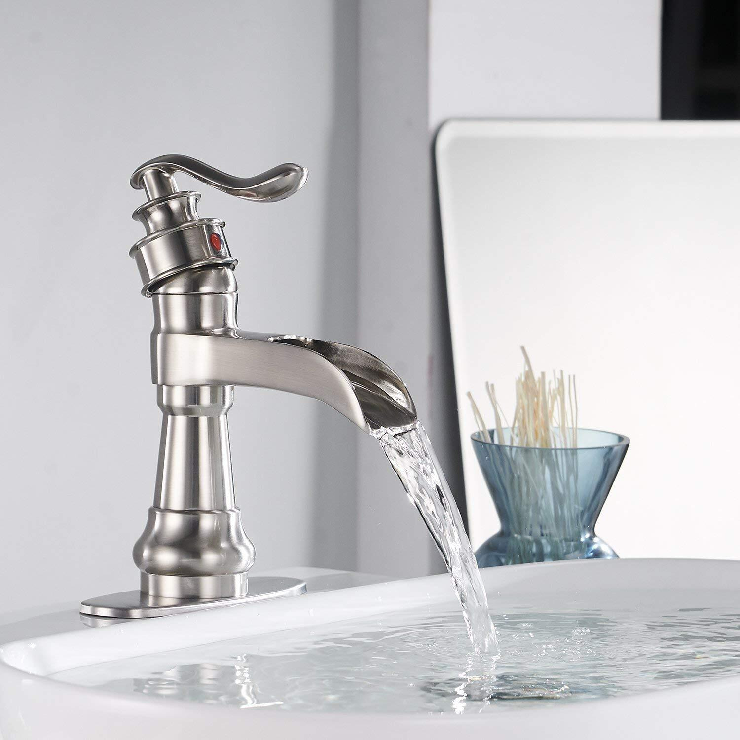 Bathfinesse Bathroom Sink Faucet Brushed Nickel Waterfall Farmhouse Single-Handle One Hole Large Spout Commercial Antique Bath Trough Pedestal Sink Style Supply Hose Lead-Free Lavatory Deck Mount