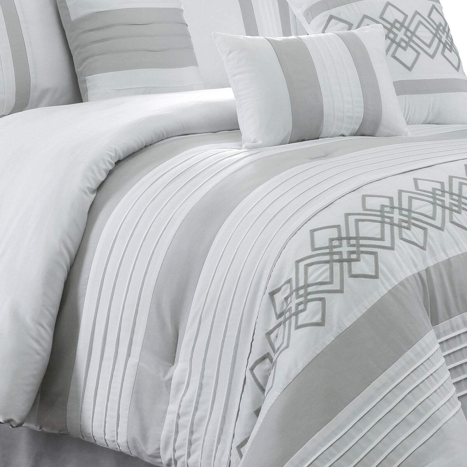 Chezmoi Collection Ariel 7-Piece Gray Geometric Chenille Embroidery Pleated Striped Comforter Bedding Set  Oversized King Size