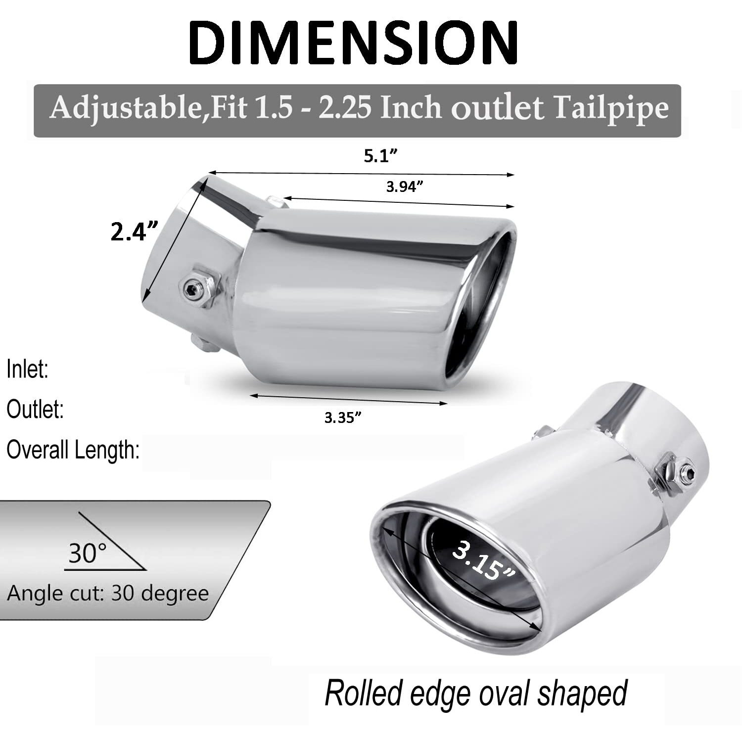 Dsycar Universal 1.5-2.25 Inch Adjustable Inlet Exhaust Tips  Bolt-On Design Chrome Plated Stainless Steel Exhaust Tailpipe Tips (Silver Curved)