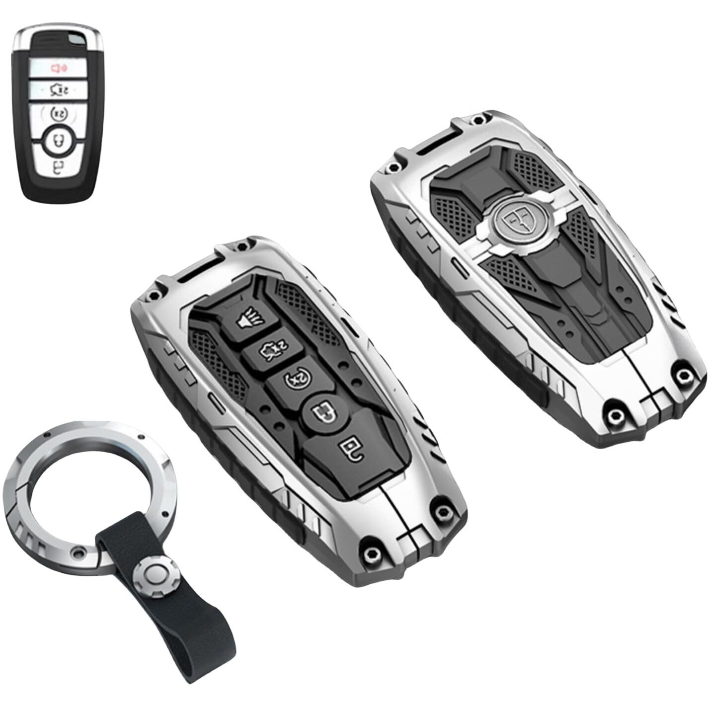 Heavy Key Fob Cover Case Protector For Ford  Keychain  Accessories For Ford Explorer Fusion Escape Edge Expedition F150 F250 F350 F450 F550 Maverick Mustang 3/4/5 Buttons (Model-A Silver)