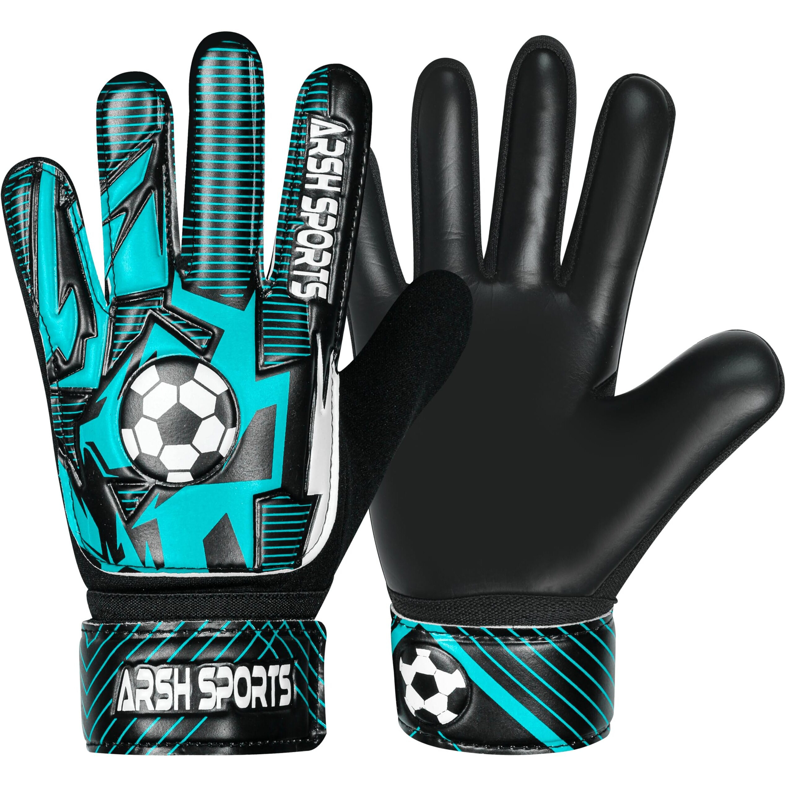 Arsh Sports Soccer Goalie Gloves For Kids Goalkeeper Gloves For Youth Boys Girls 4Mm Latex Palm Anti Slip Super Gip Double Wrist Protection (Black-Cyan  Size 5 Suitable For 9 To 12 Years Old)