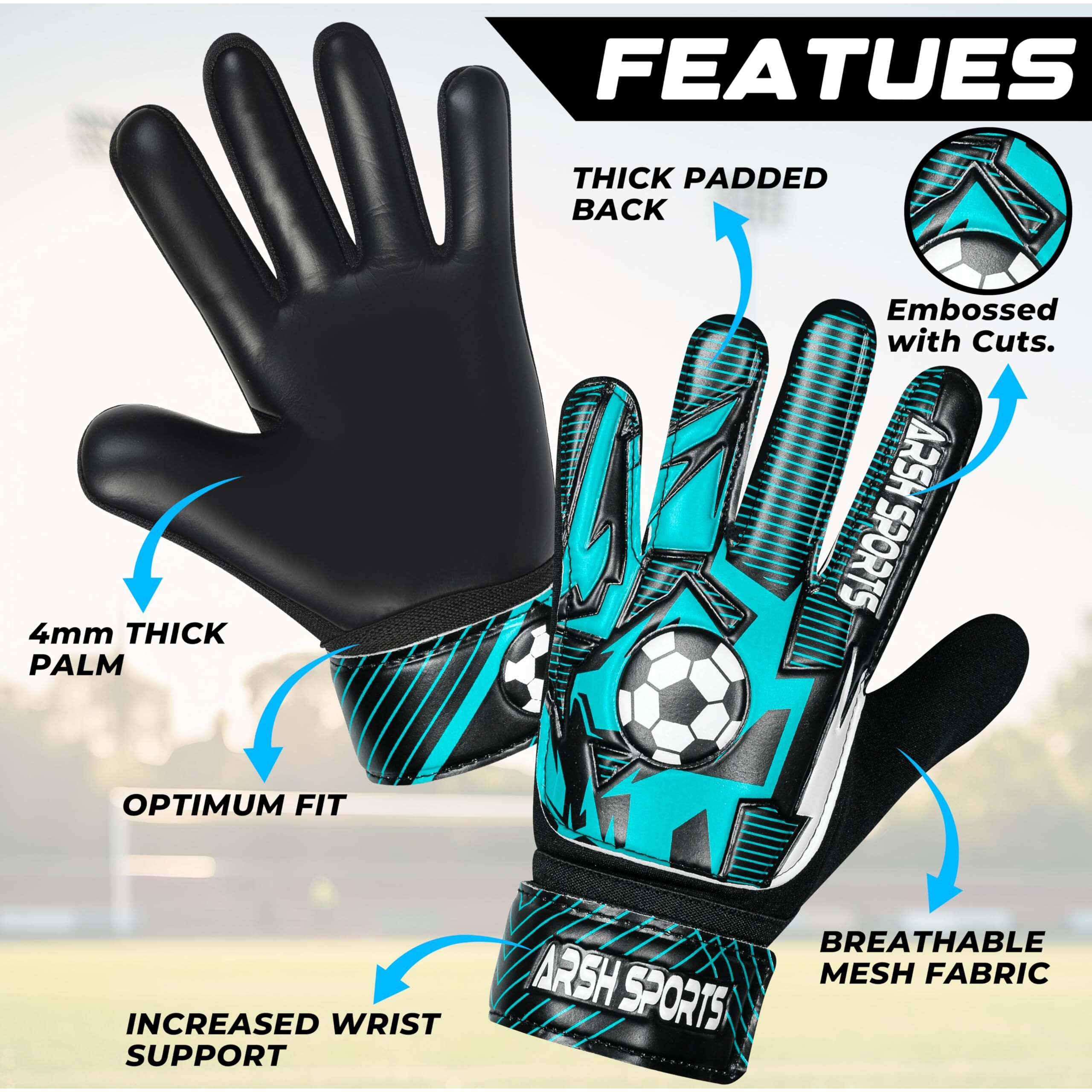 Arsh Sports Soccer Goalie Gloves For Kids Goalkeeper Gloves For Youth Boys Girls 4Mm Latex Palm Anti Slip Super Gip Double Wrist Protection (Black-Cyan  Size 5 Suitable For 9 To 12 Years Old)