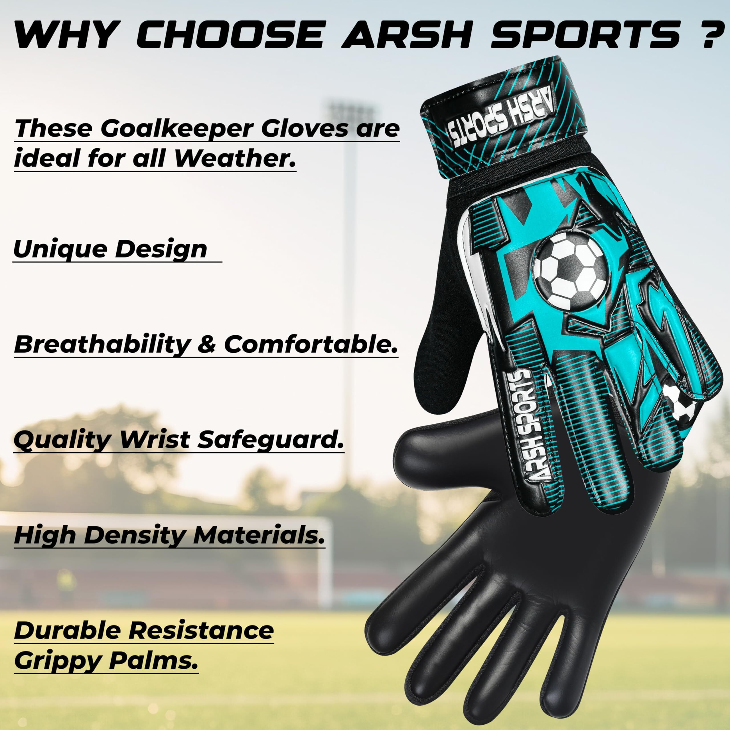 Arsh Sports Soccer Goalie Gloves For Kids Goalkeeper Gloves For Youth Boys Girls 4Mm Latex Palm Anti Slip Super Gip Double Wrist Protection (Black-Cyan  Size 5 Suitable For 9 To 12 Years Old)