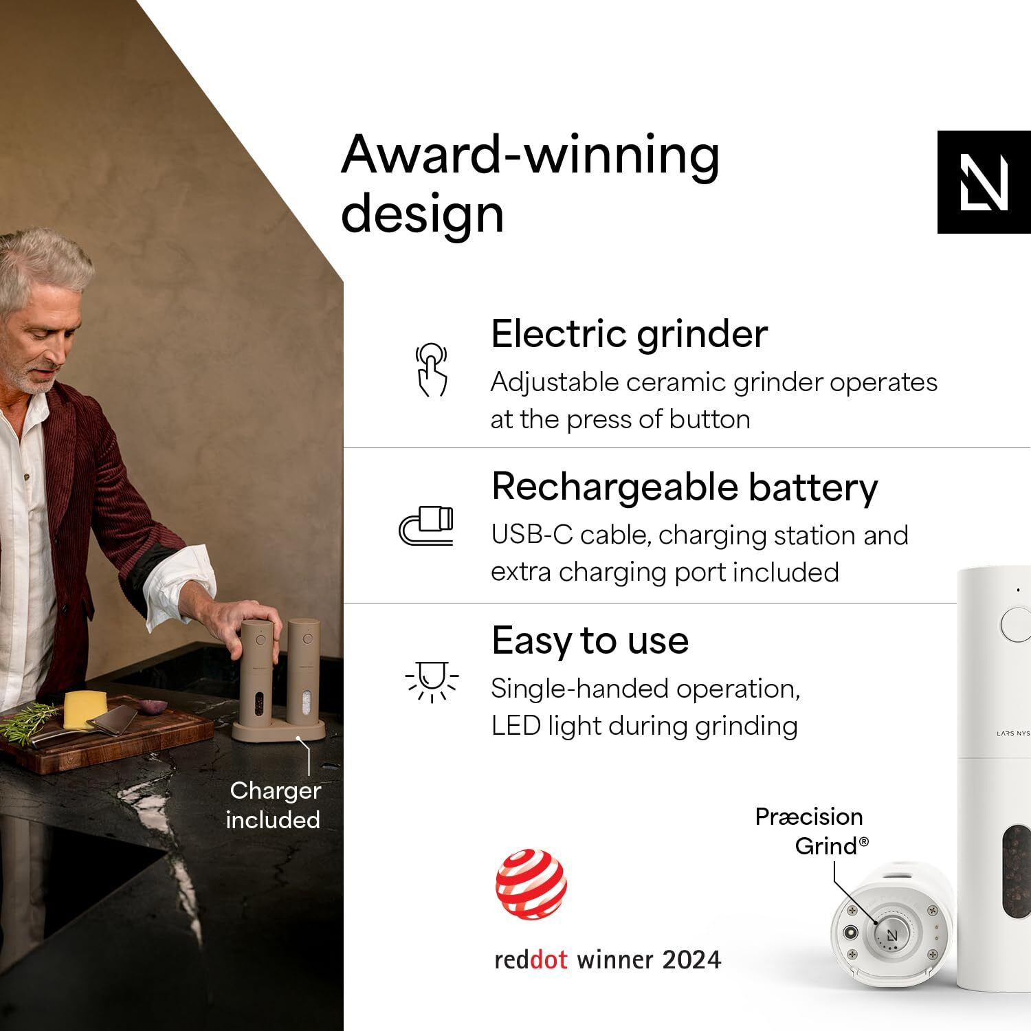 Lars Nysm Electric Salt And Pepper Grinder Set I Automatic Salt And Pepper Mills With Adjustable Ceramic Grinder I Usb Rechargeable Electric Spice Mill Set (Pure White)