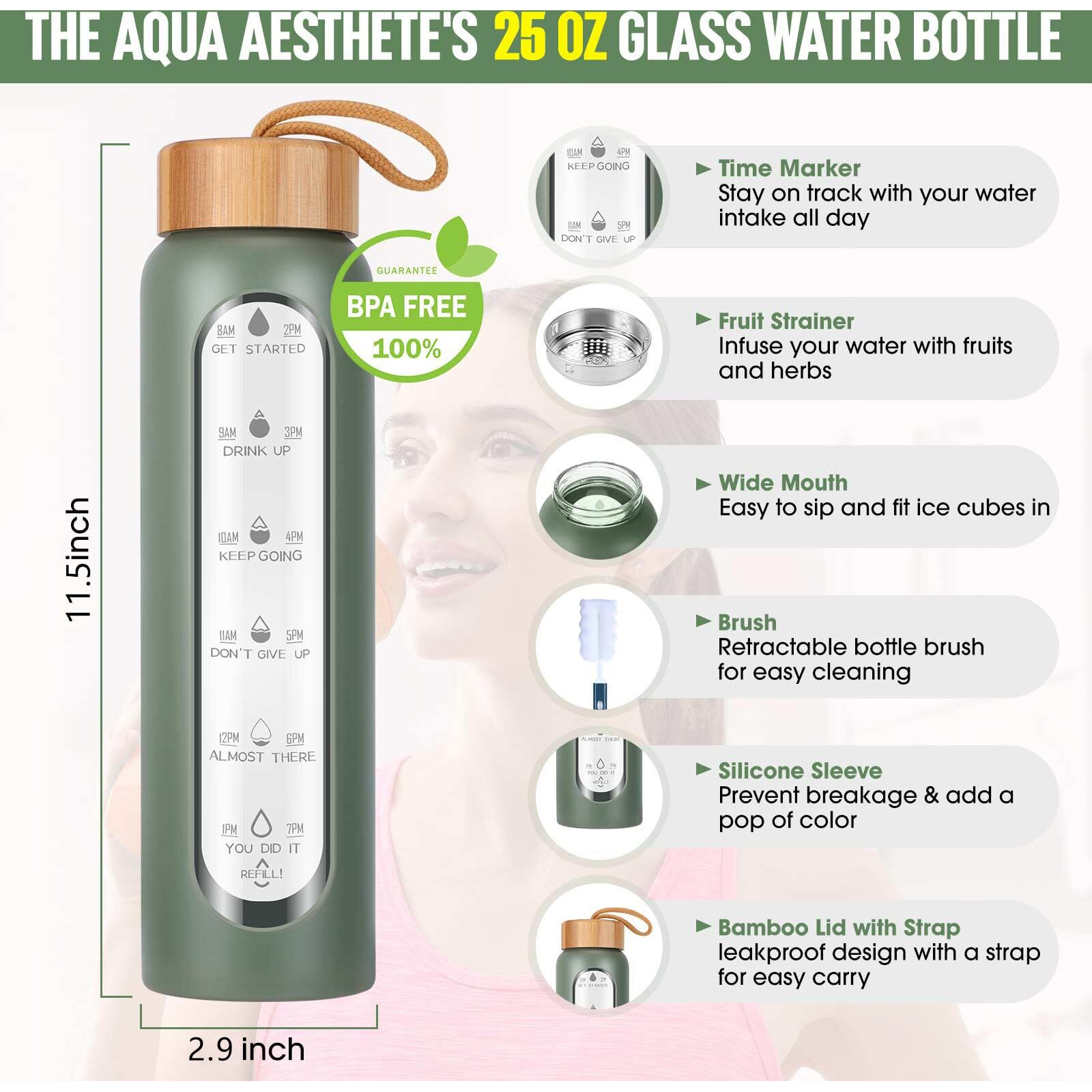 Aqulea Glass Water Bottles 25 Oz With Silicone Sleeve - Bpa Free Reusable Wide Mouth Glass Motivational Water Bottles With Fruit Infuser - Leak Proof Borosilicate Water Bottle With Time Marker (Green)