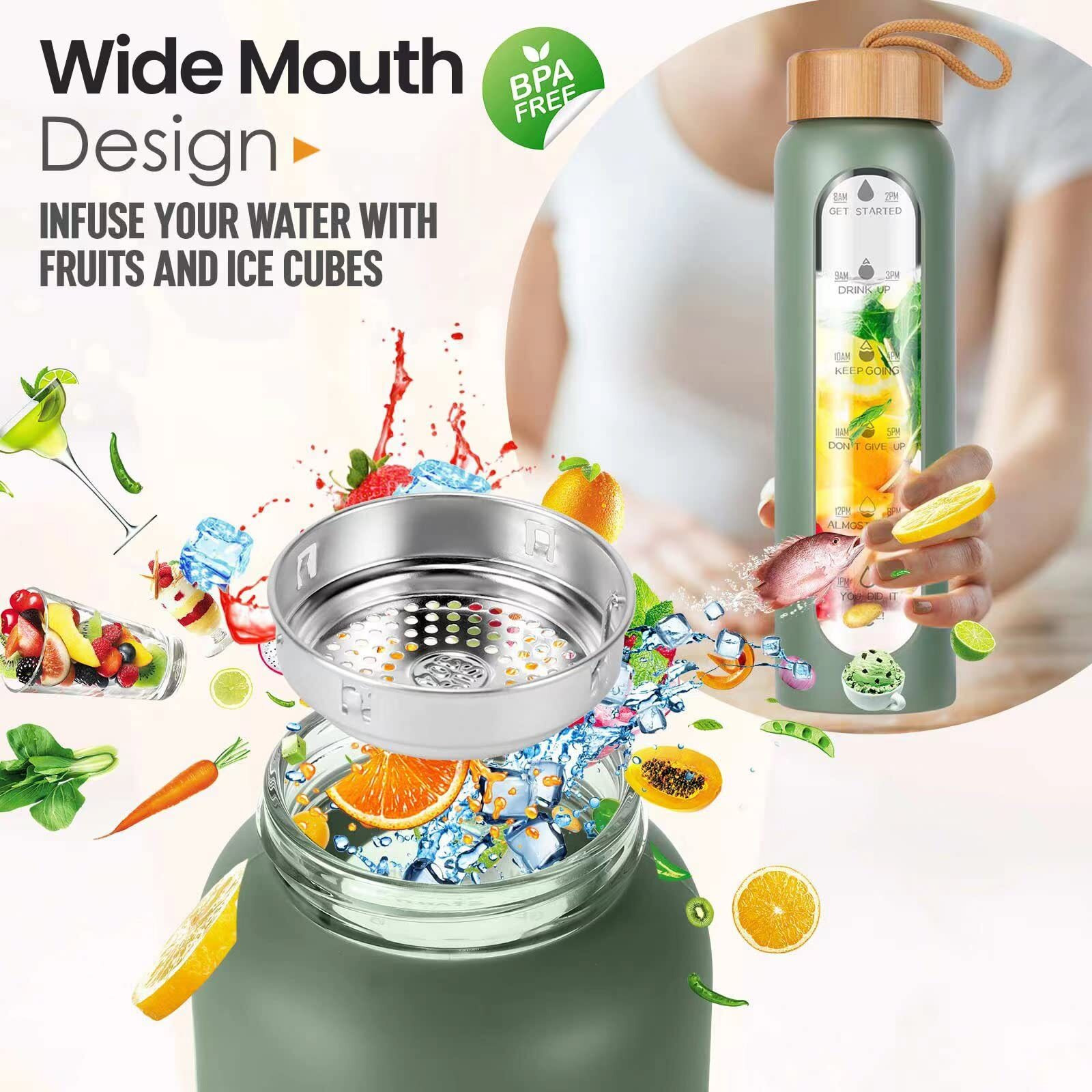 Aqulea Glass Water Bottles 25 Oz With Silicone Sleeve - Bpa Free Reusable Wide Mouth Glass Motivational Water Bottles With Fruit Infuser - Leak Proof Borosilicate Water Bottle With Time Marker (Green)