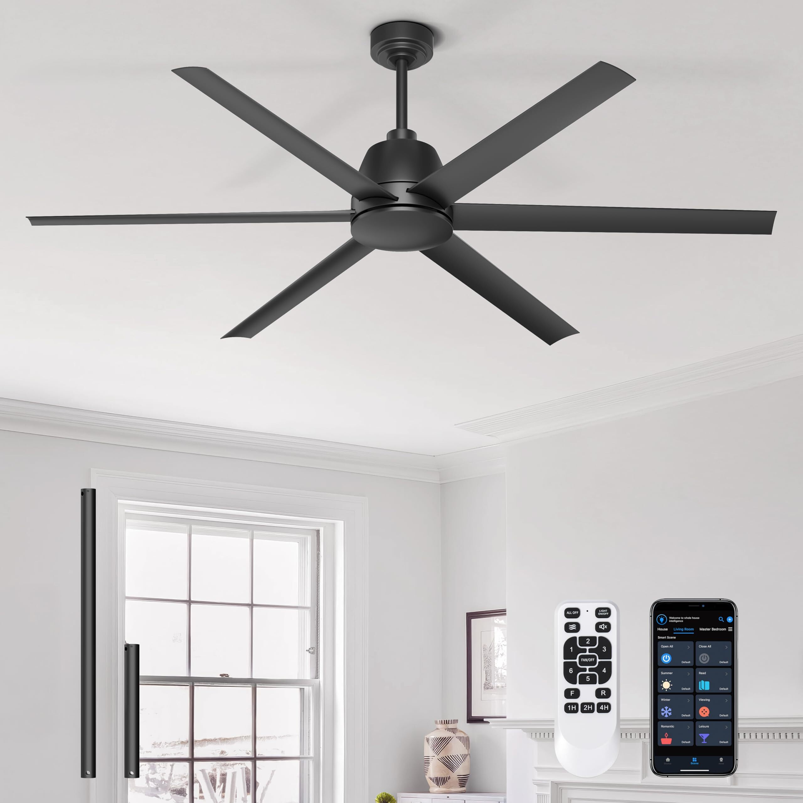 65 Inch Ceiling Fan No Light - Black Ceiling Fan With Remote & App Control  Quiet Reversible Dc Motor  6 Blades  Indoor Outdoor Ceiling Fans Without Light For Patio Living Room Bedroom Garage Shop