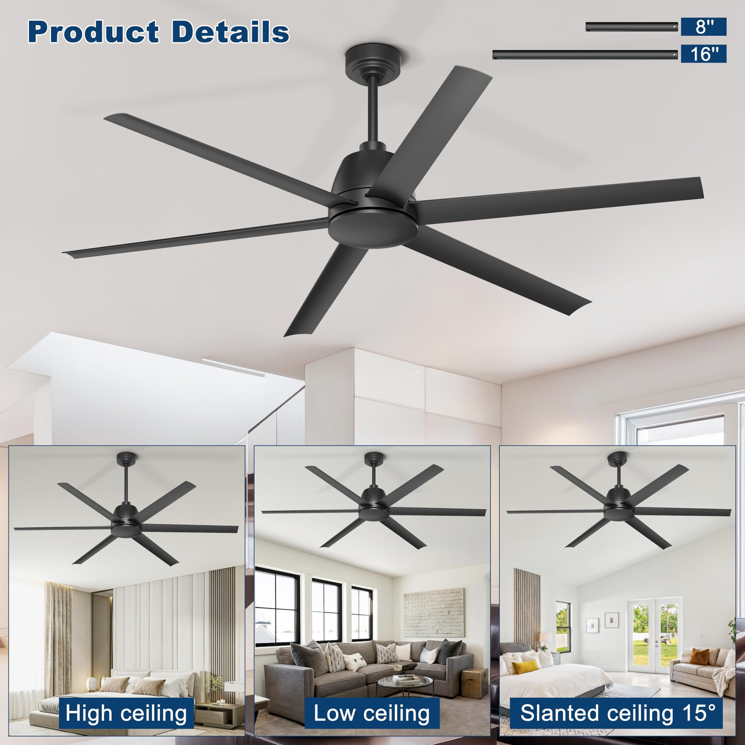 65 Inch Ceiling Fan No Light - Black Ceiling Fan With Remote & App Control  Quiet Reversible Dc Motor  6 Blades  Indoor Outdoor Ceiling Fans Without Light For Patio Living Room Bedroom Garage Shop