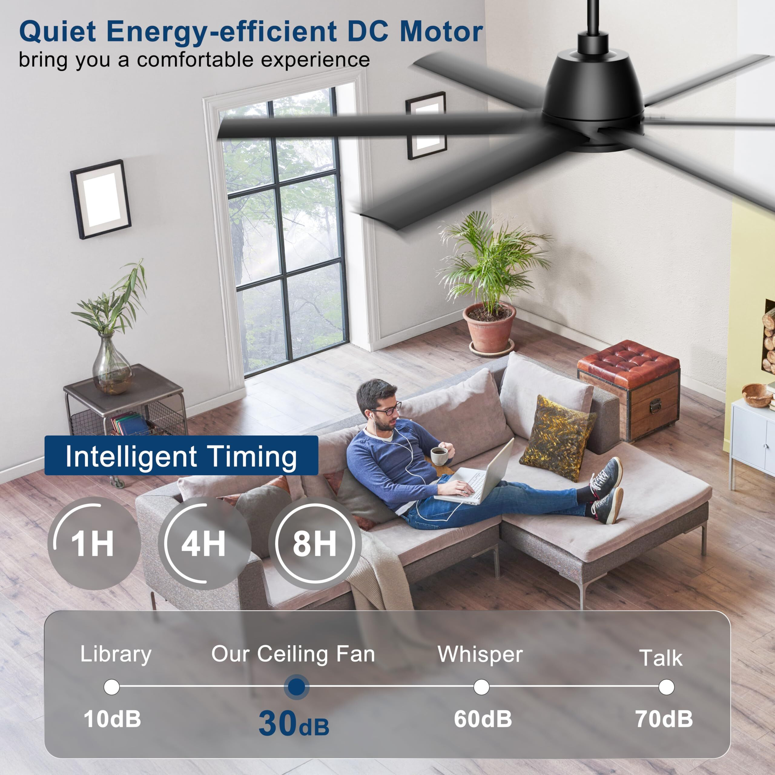 65 Inch Ceiling Fan No Light - Black Ceiling Fan With Remote & App Control  Quiet Reversible Dc Motor  6 Blades  Indoor Outdoor Ceiling Fans Without Light For Patio Living Room Bedroom Garage Shop