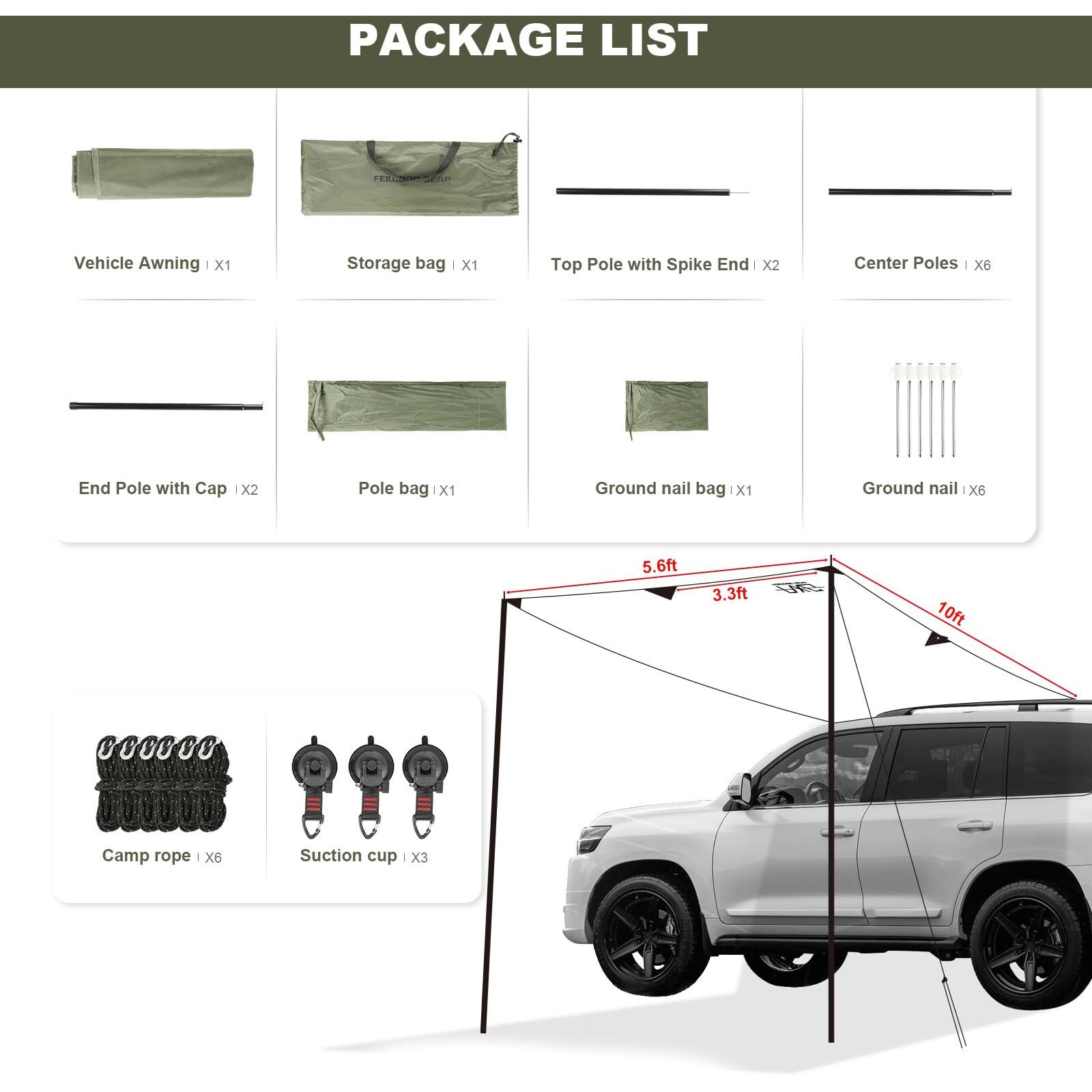 Feiwood Gear Portable Car Awning For Suv  Vehicle Awning For Camping Van Truck  Needn'T Roof Rack Hardwares Waterproof Uv50+