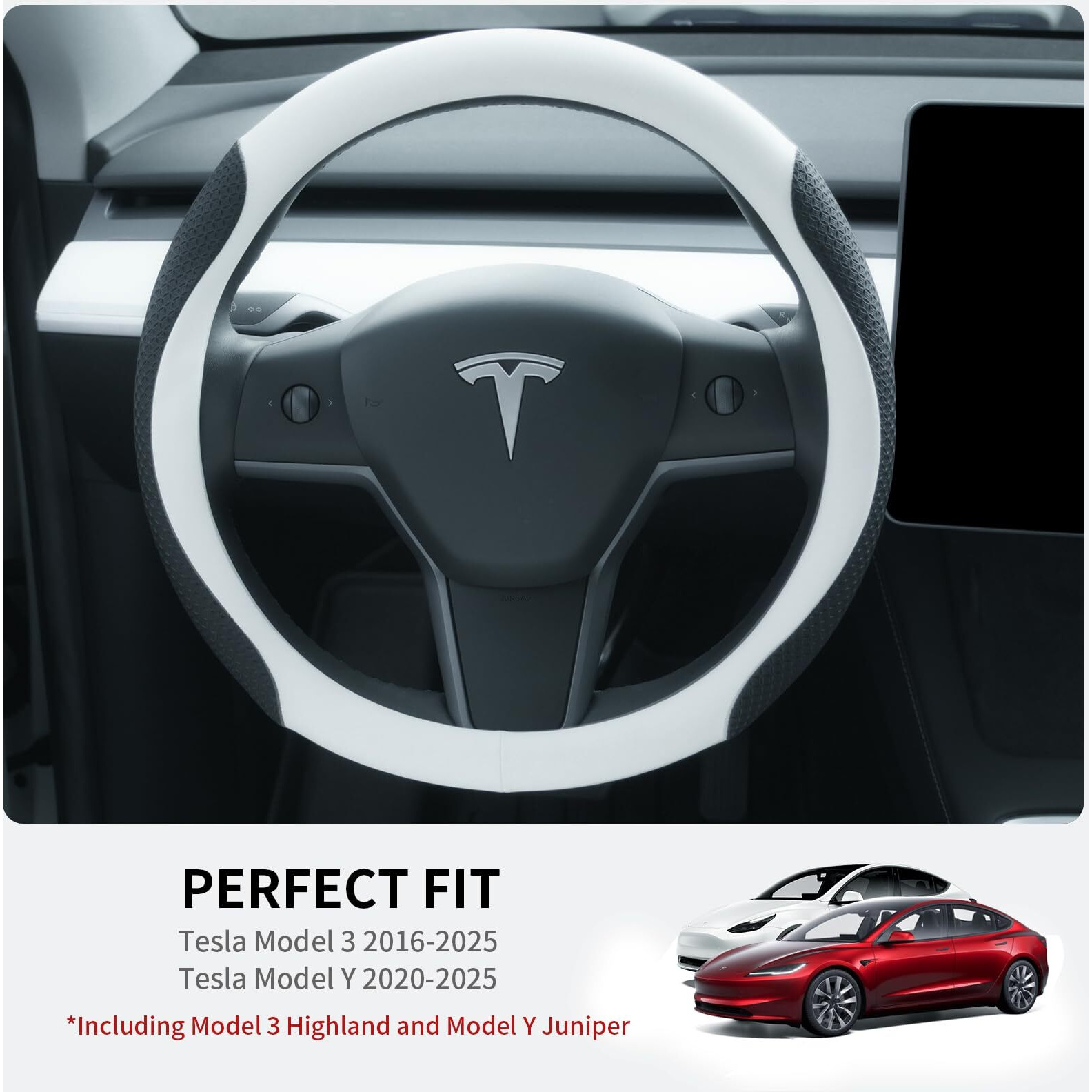 Uxcer Nappa Leather Steering Wheel Cover For Tesla Model 3/Y 2016-2025  Non-Slip Breathable Tesla Model 3/Y Steering Wheel Protector  White